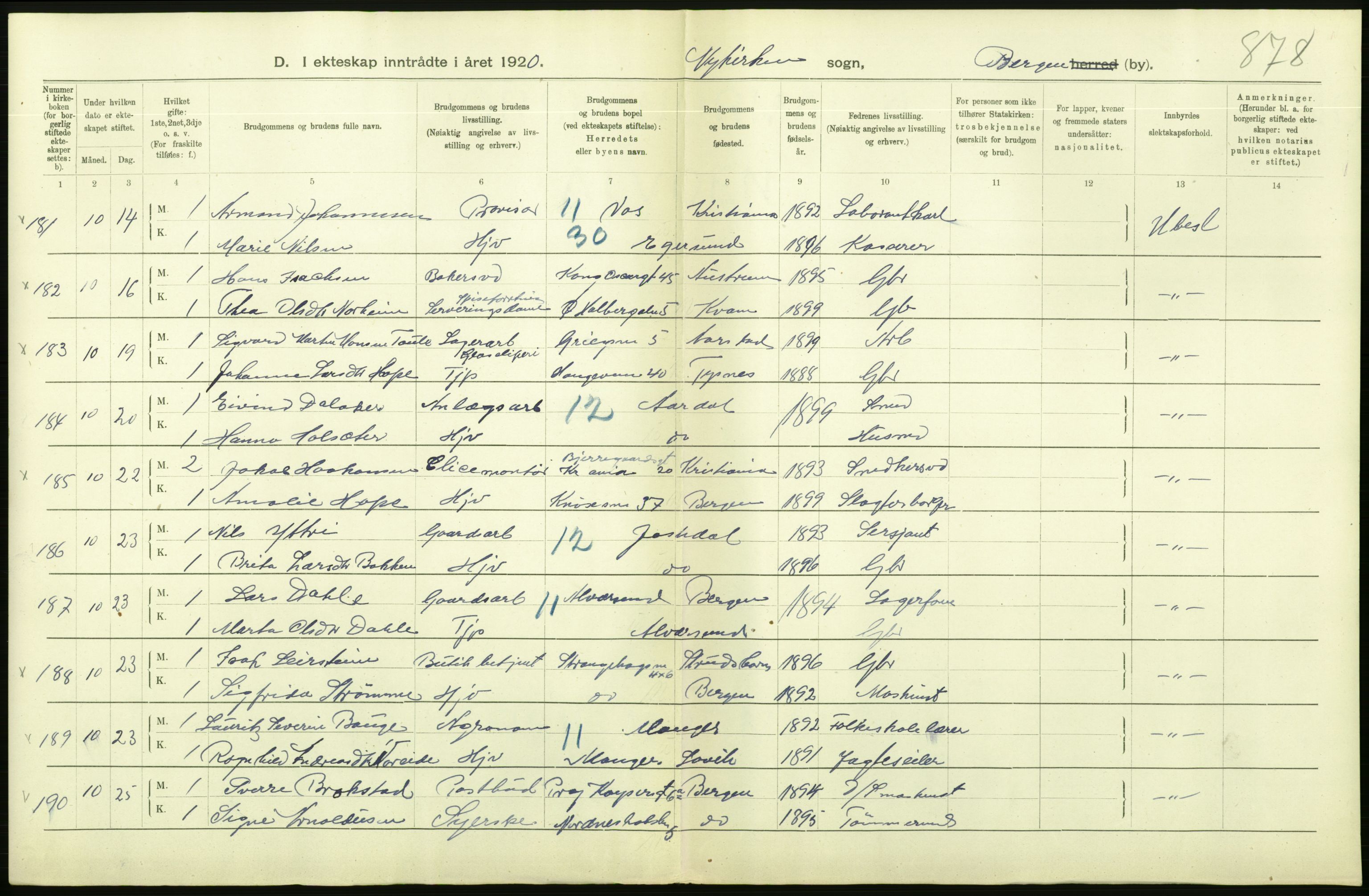 Statistisk sentralbyrå, Sosiodemografiske emner, Befolkning, AV/RA-S-2228/D/Df/Dfb/Dfbj/L0042: Bergen: Gifte, døde, dødfødte., 1920, p. 114