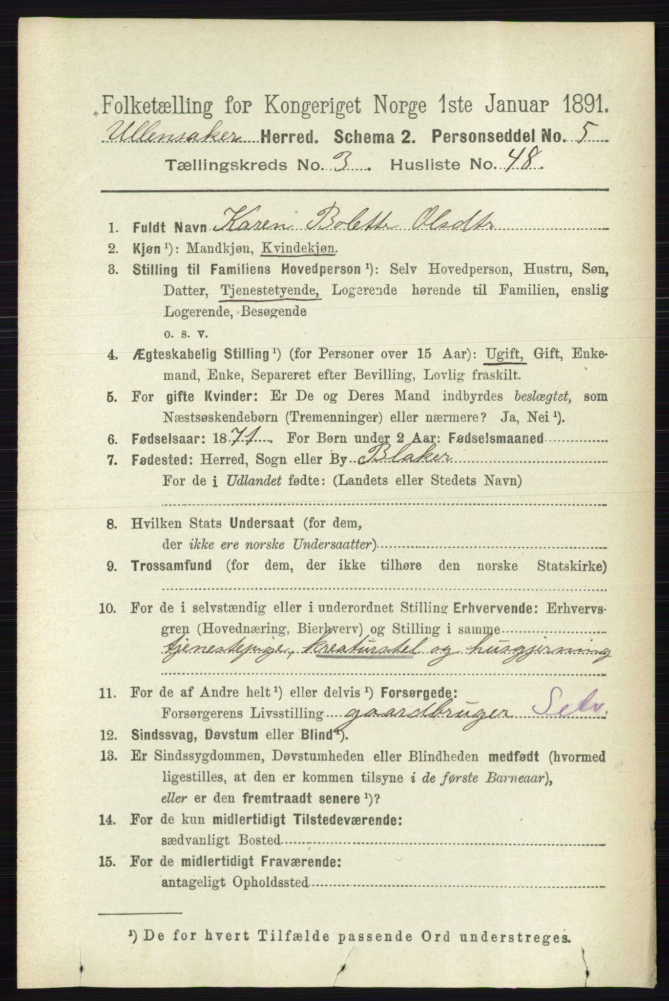 RA, 1891 census for 0235 Ullensaker, 1891, p. 1402
