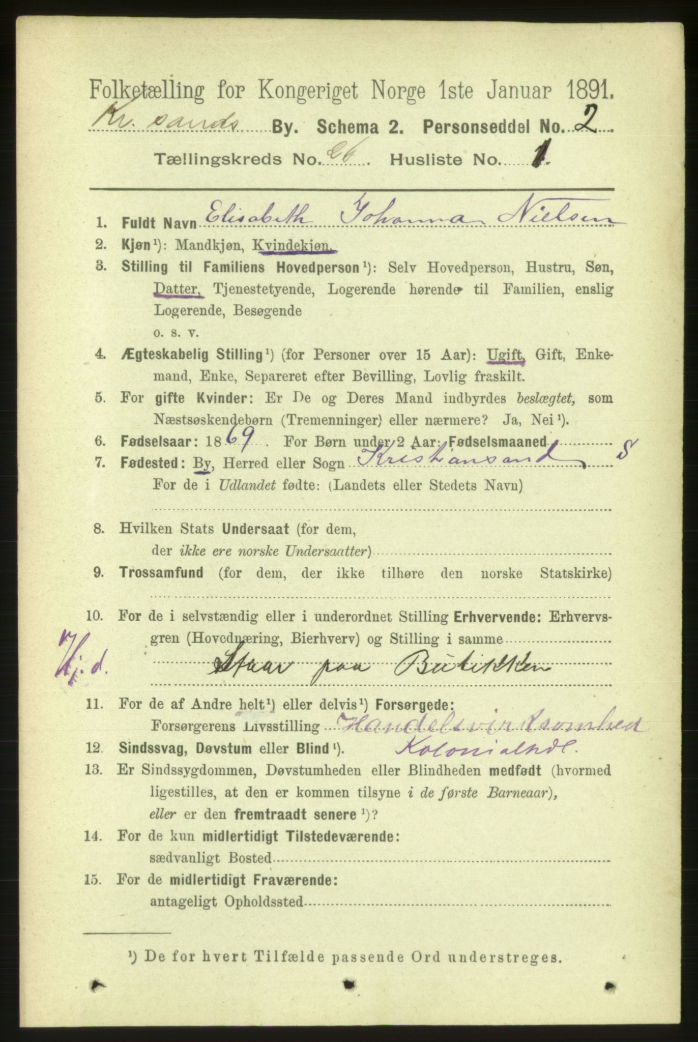 RA, 1891 census for 1001 Kristiansand, 1891, p. 8880