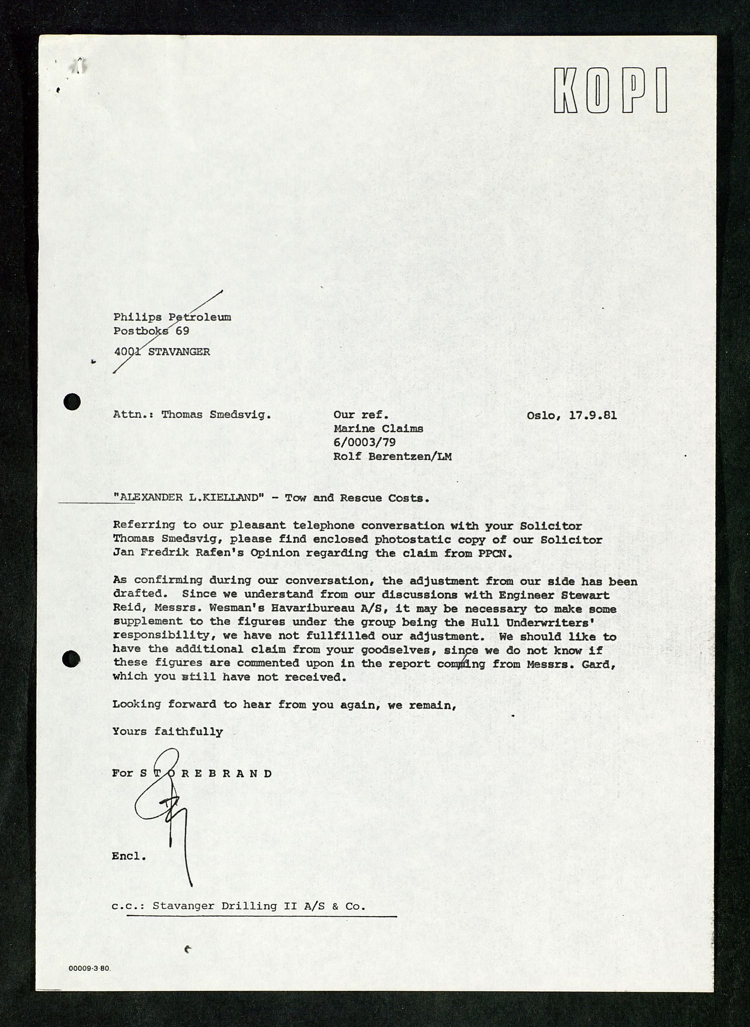 Pa 1503 - Stavanger Drilling AS, AV/SAST-A-101906/Da/L0017: Alexander L. Kielland - Saks- og korrespondansearkiv, 1981-1984, p. 133