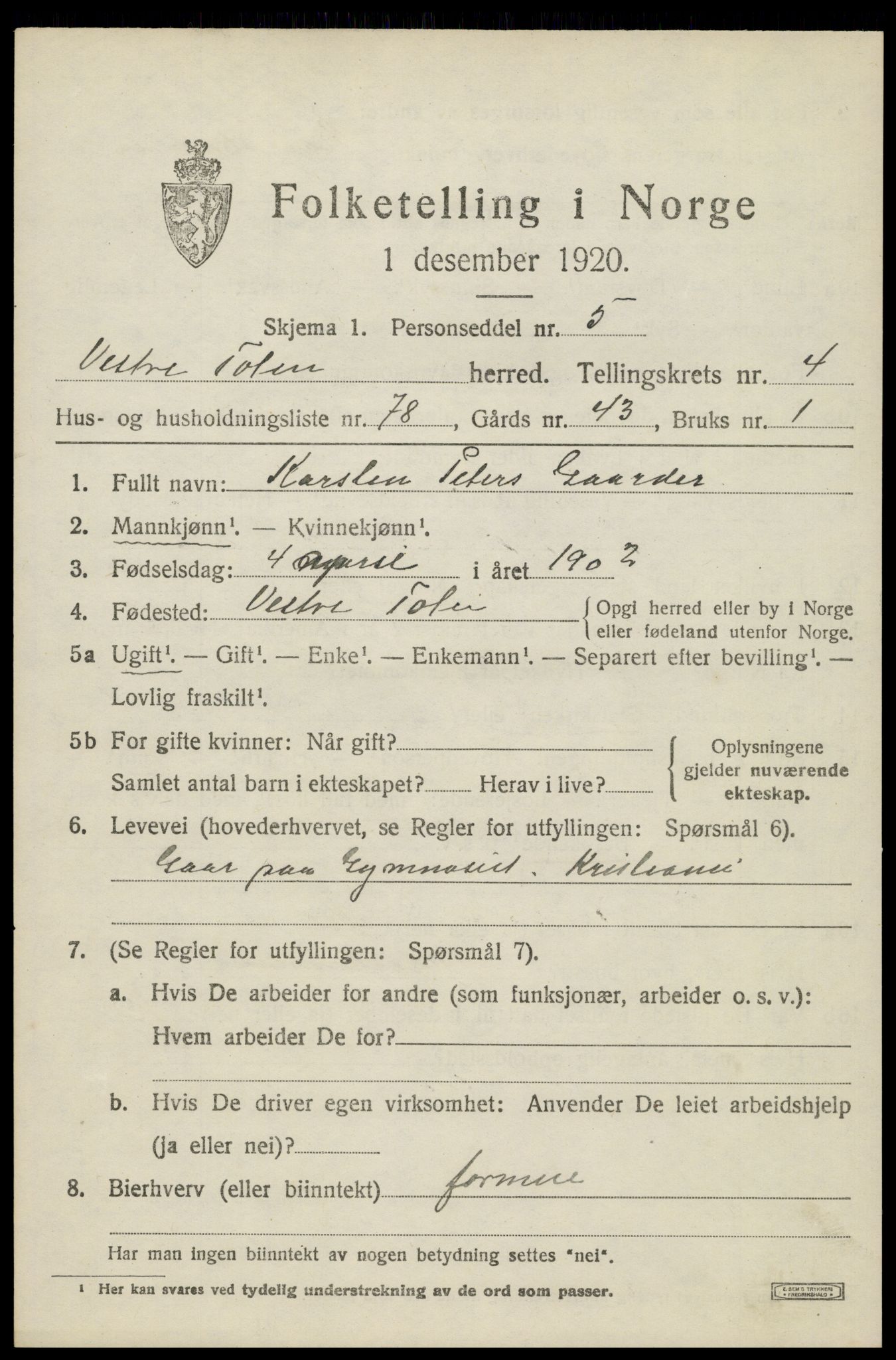 SAH, 1920 census for Vestre Toten, 1920, p. 7148