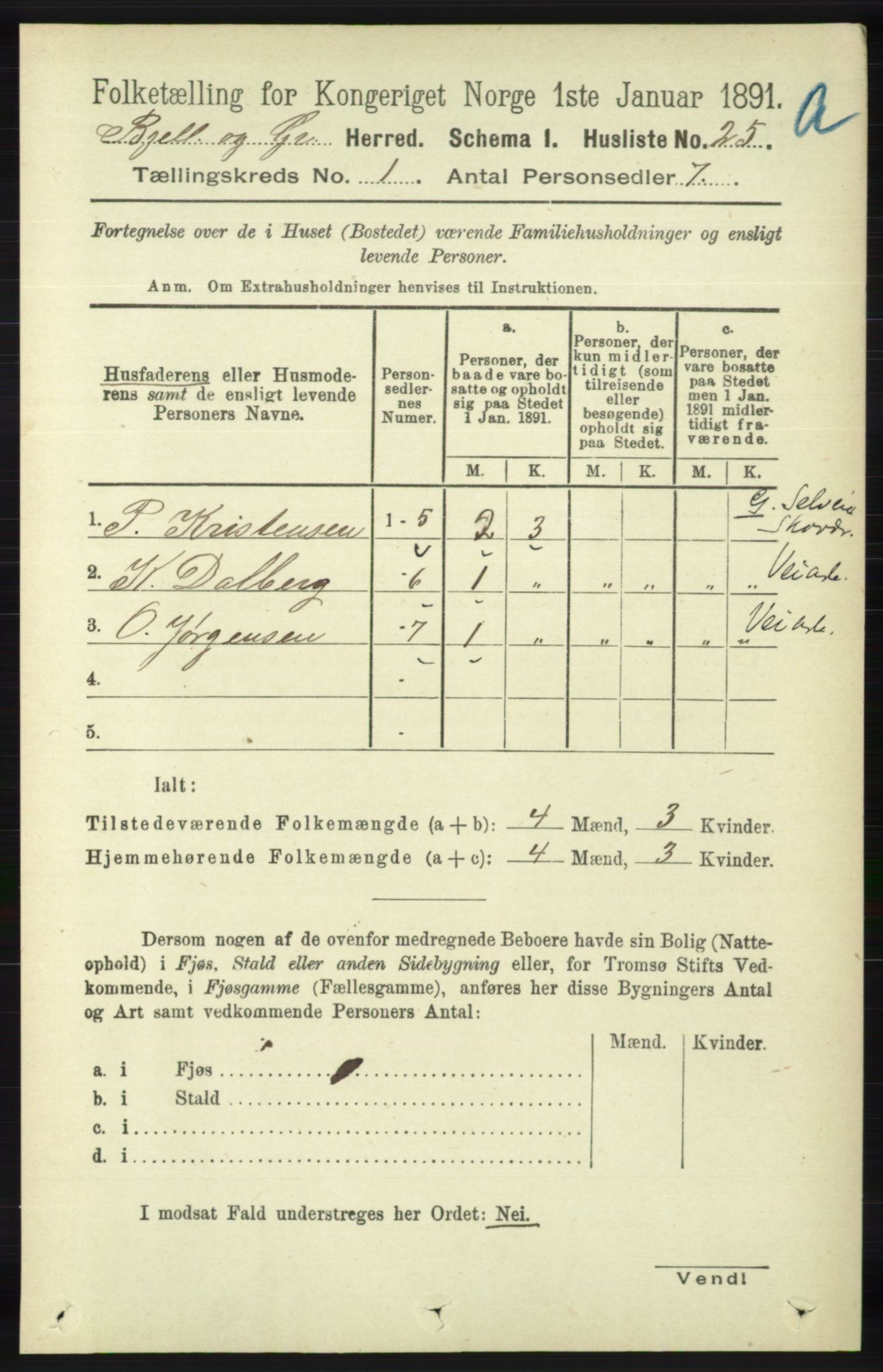 RA, 1891 census for 1024 Bjelland og Grindheim, 1891, p. 47