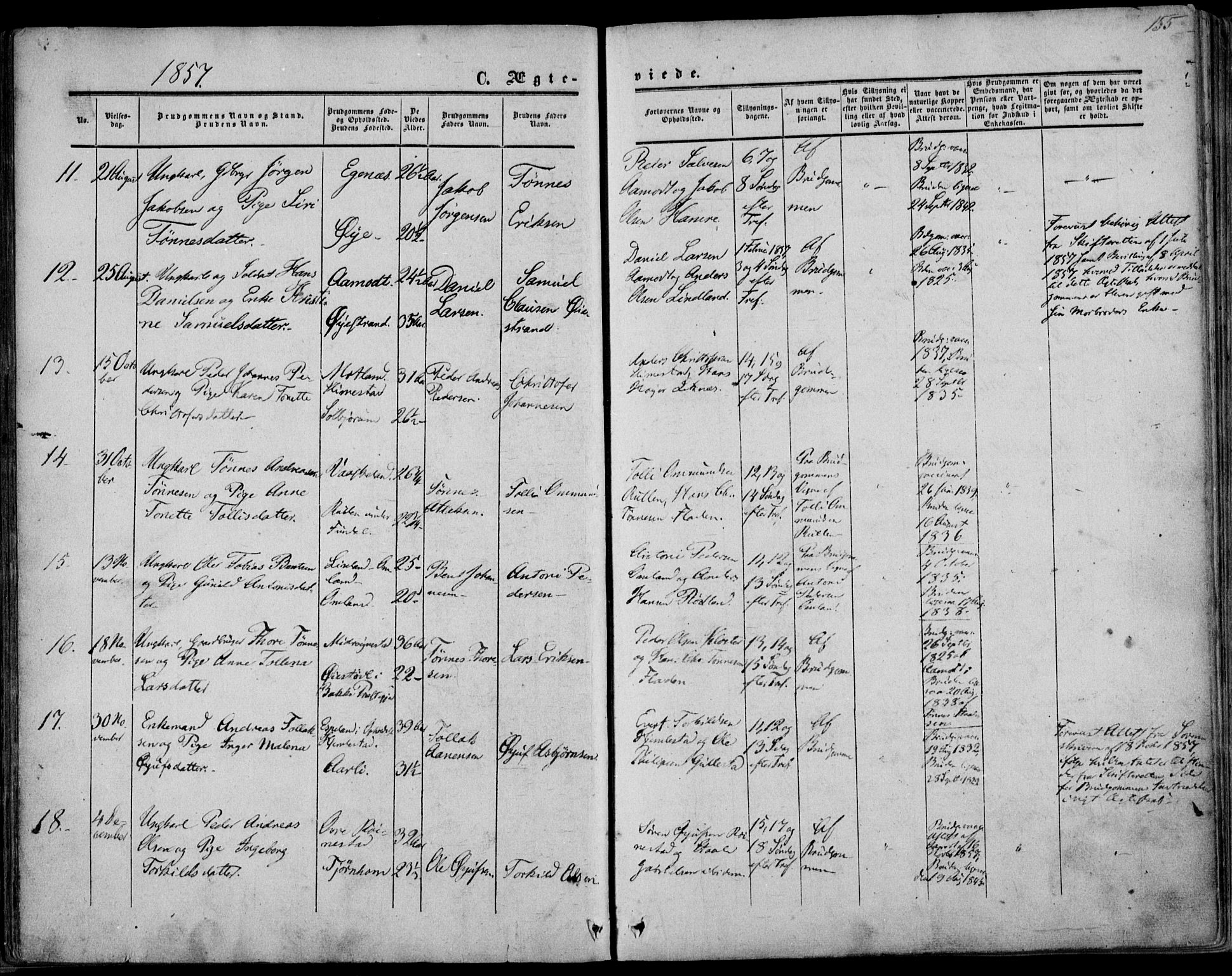 Kvinesdal sokneprestkontor, SAK/1111-0026/F/Fa/Fab/L0006: Parish register (official) no. A 6, 1857-1869, p. 155