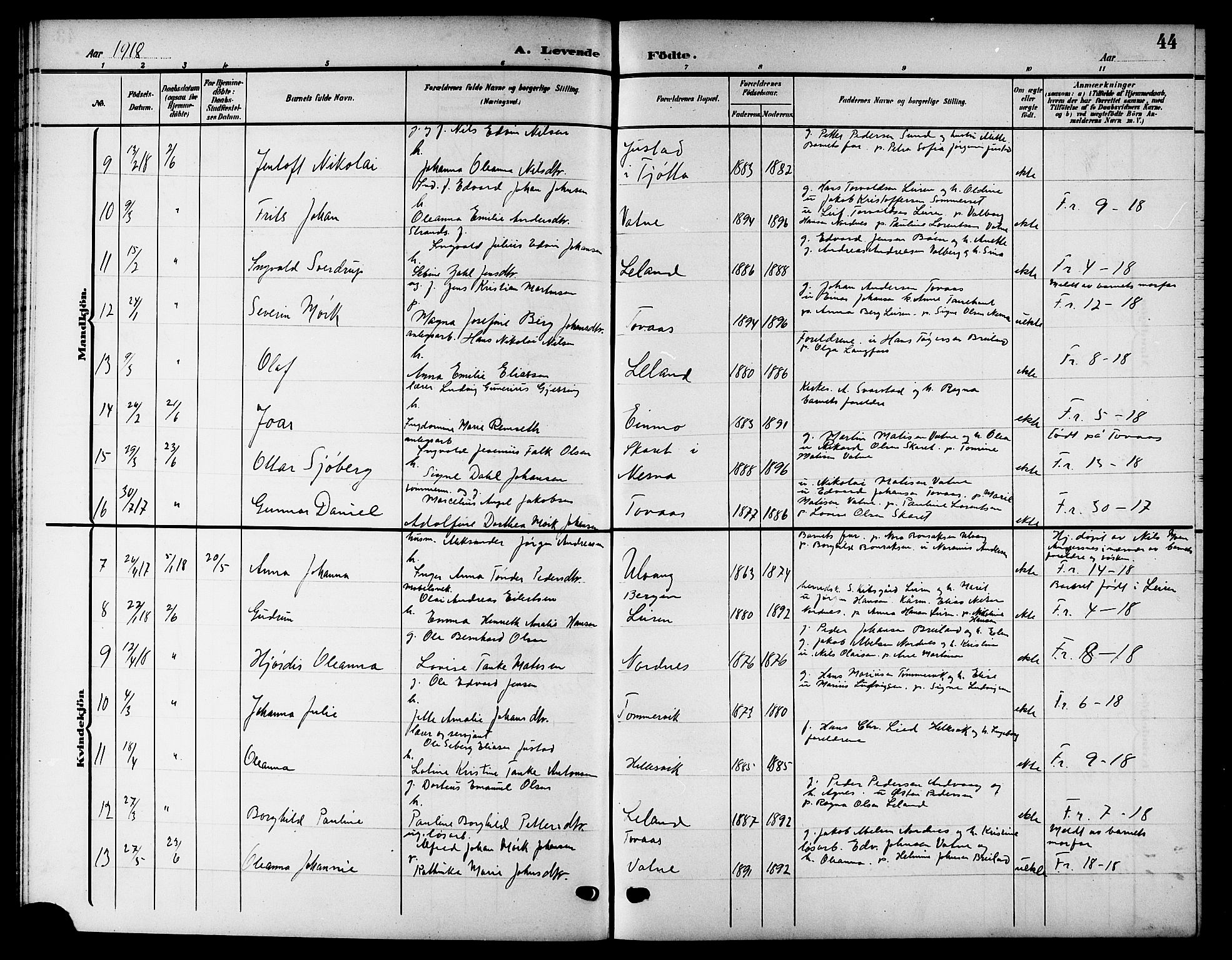 Ministerialprotokoller, klokkerbøker og fødselsregistre - Nordland, SAT/A-1459/832/L0494: Parish register (copy) no. 832C01, 1906-1922, p. 44