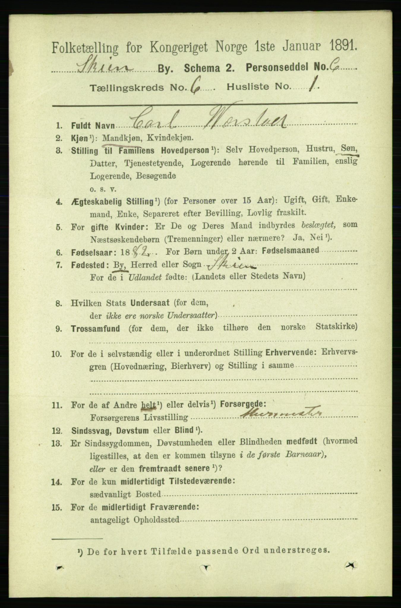 RA, 1891 census for 0806 Skien, 1891, p. 2999