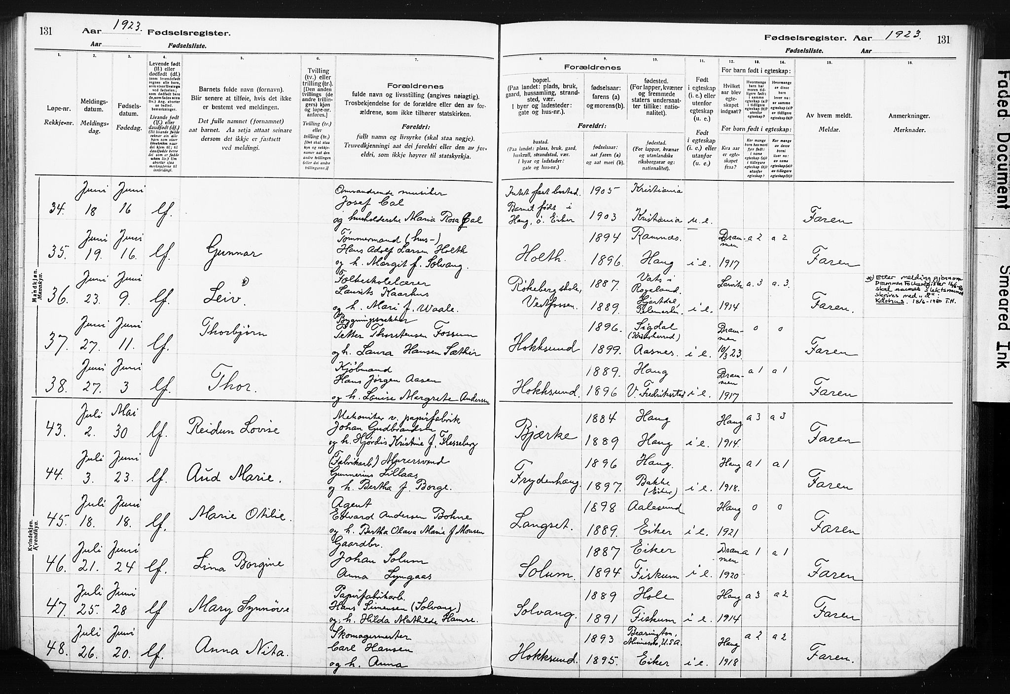 Eiker kirkebøker, AV/SAKO-A-4/J/Ja/L0001: Birth register no. I 1, 1916-1927, p. 131