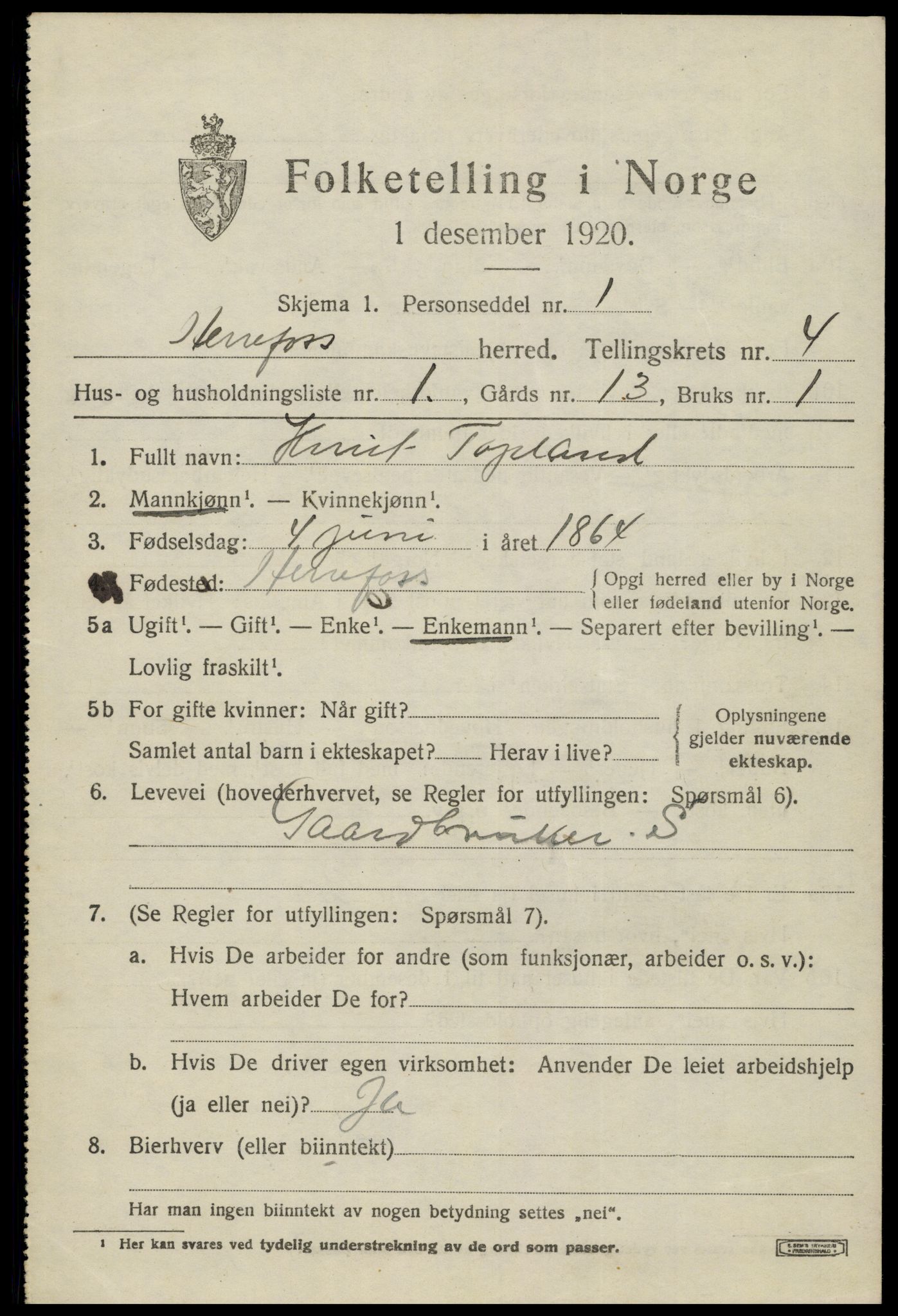 SAK, 1920 census for Herefoss, 1920, p. 778