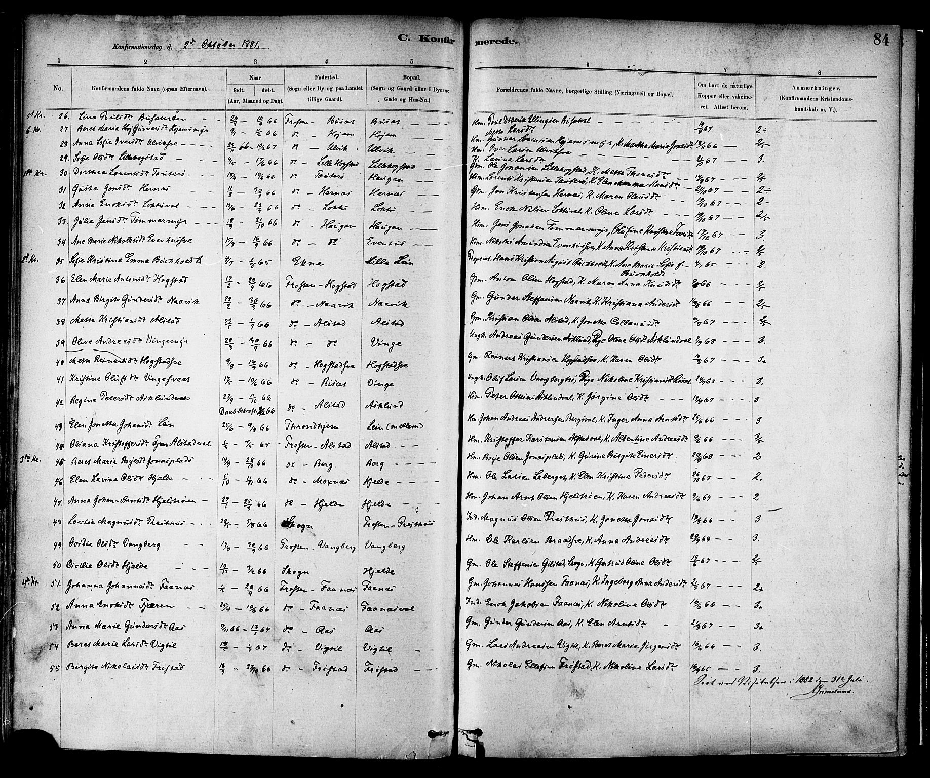 Ministerialprotokoller, klokkerbøker og fødselsregistre - Nord-Trøndelag, SAT/A-1458/713/L0120: Parish register (official) no. 713A09, 1878-1887, p. 84