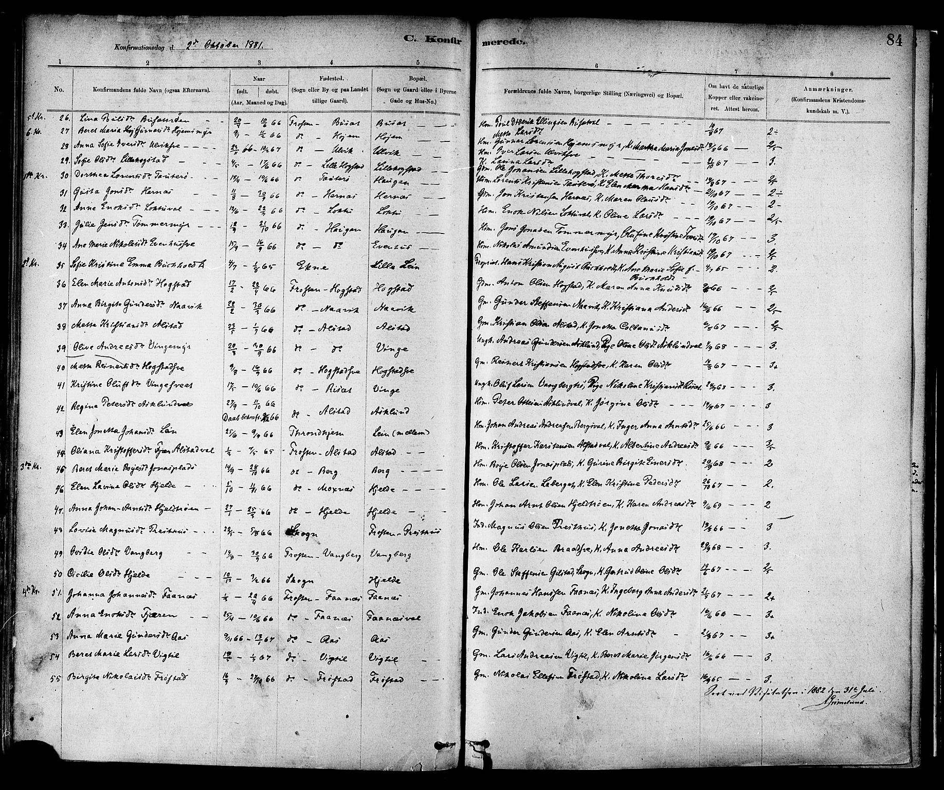 Ministerialprotokoller, klokkerbøker og fødselsregistre - Nord-Trøndelag, AV/SAT-A-1458/713/L0120: Parish register (official) no. 713A09, 1878-1887, p. 84