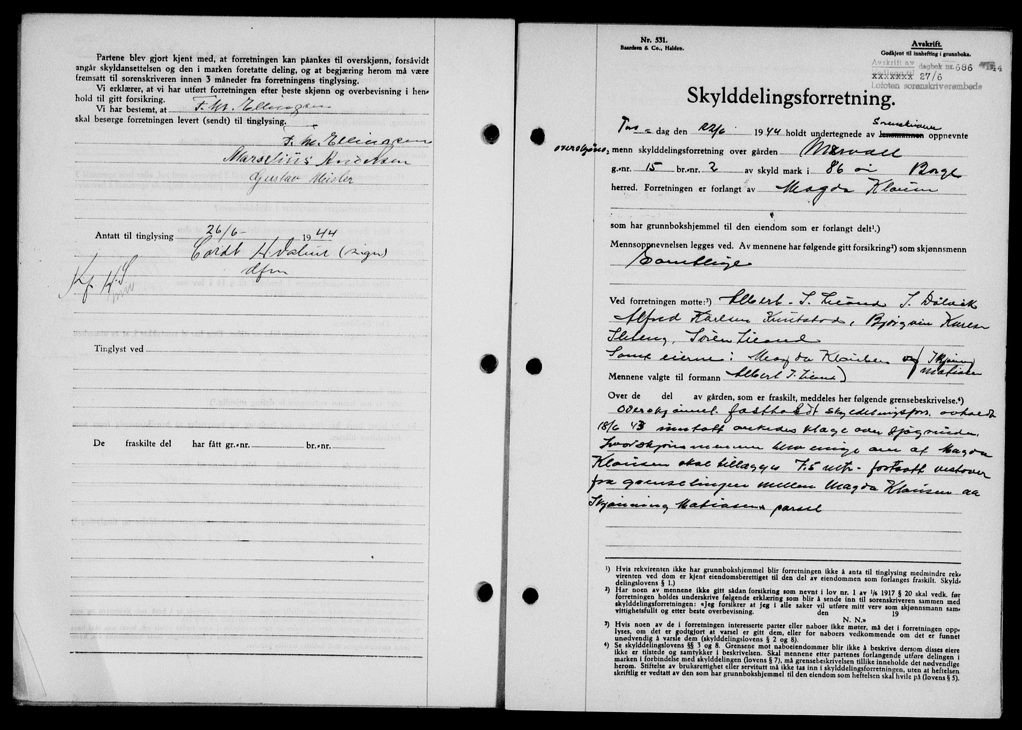 Lofoten sorenskriveri, SAT/A-0017/1/2/2C/L0012a: Mortgage book no. 12a, 1943-1944, Diary no: : 686/1944
