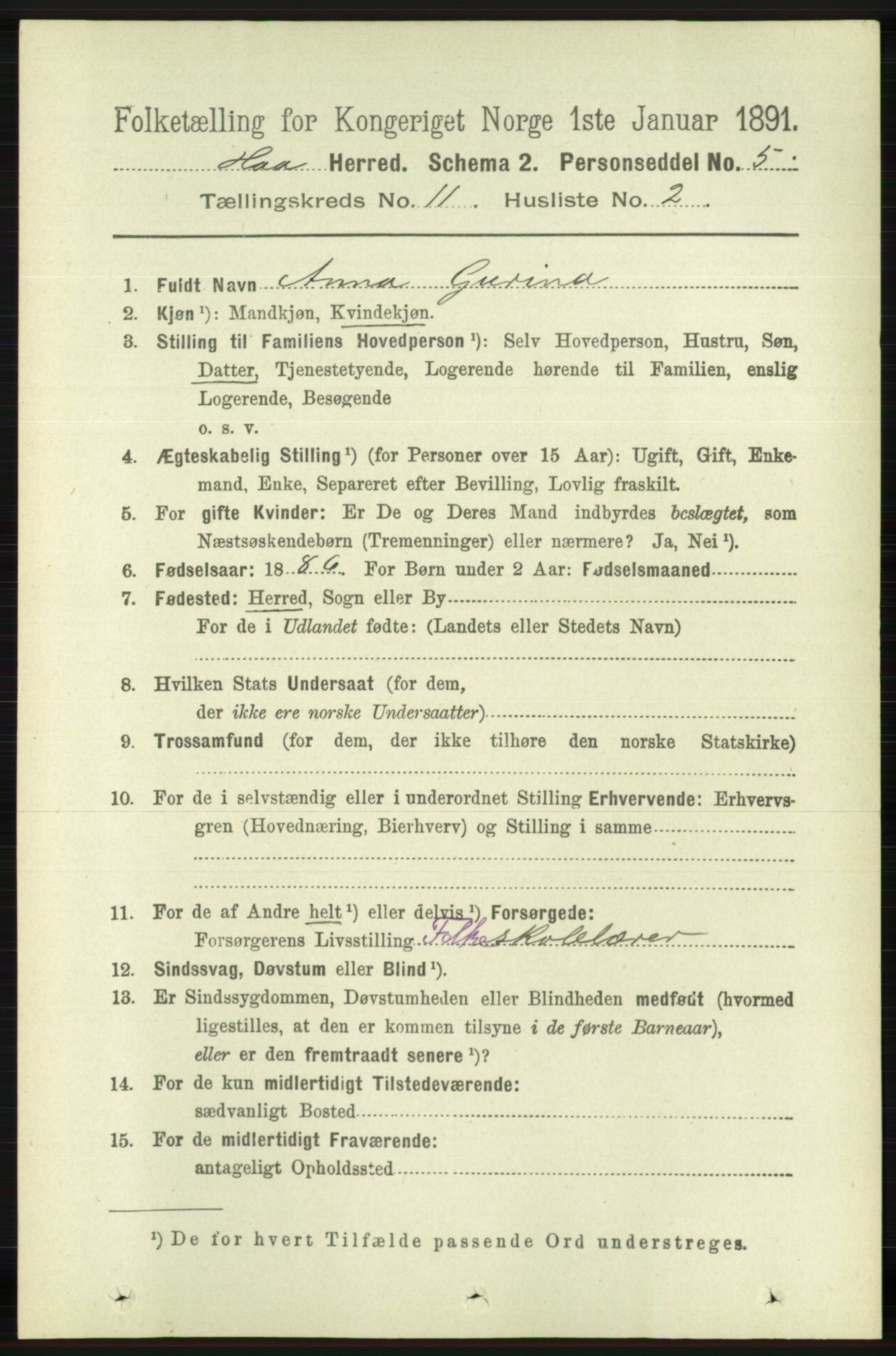 RA, 1891 census for 1119 Hå, 1891, p. 2639