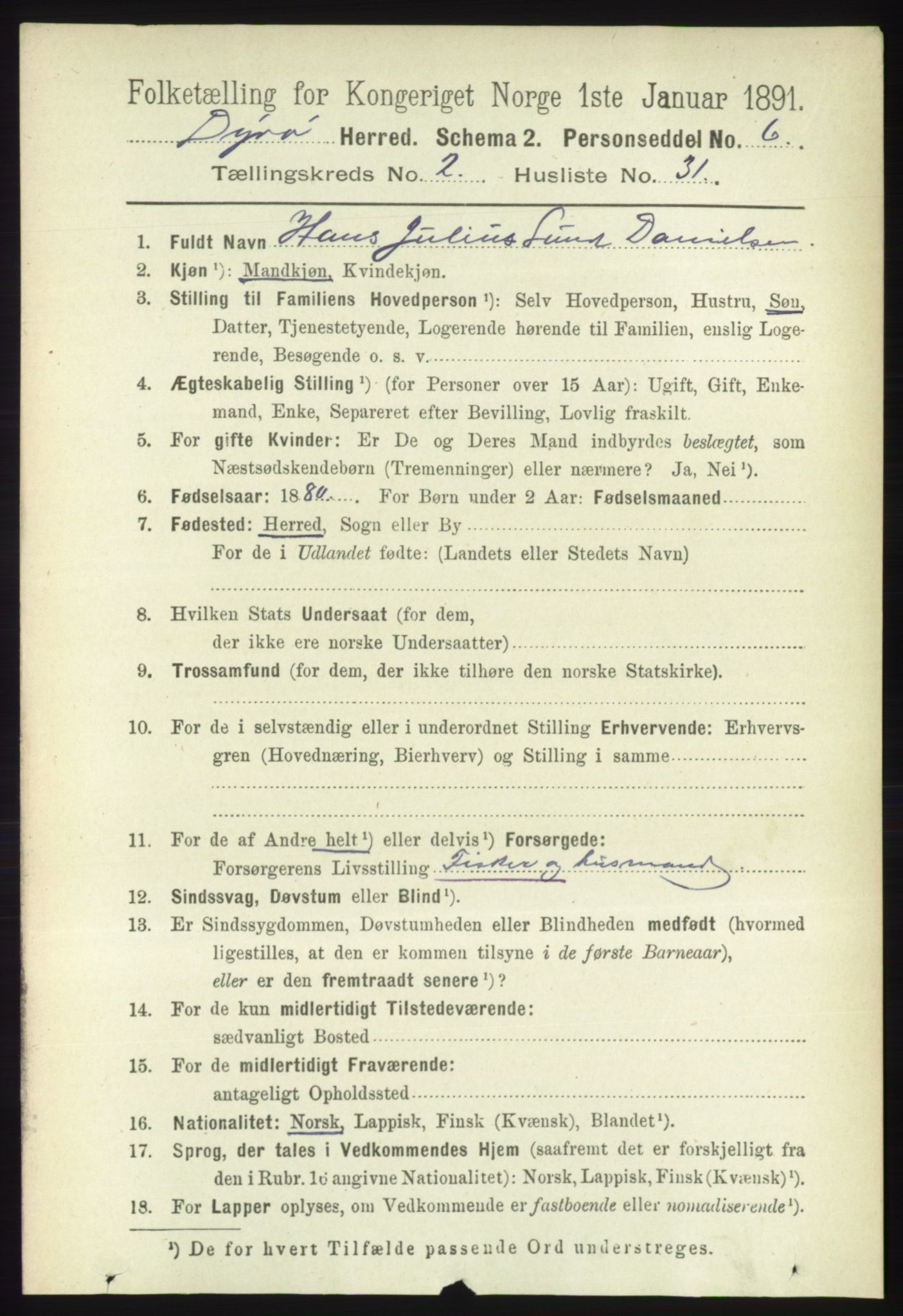 RA, 1891 census for 1926 Dyrøy, 1891, p. 757