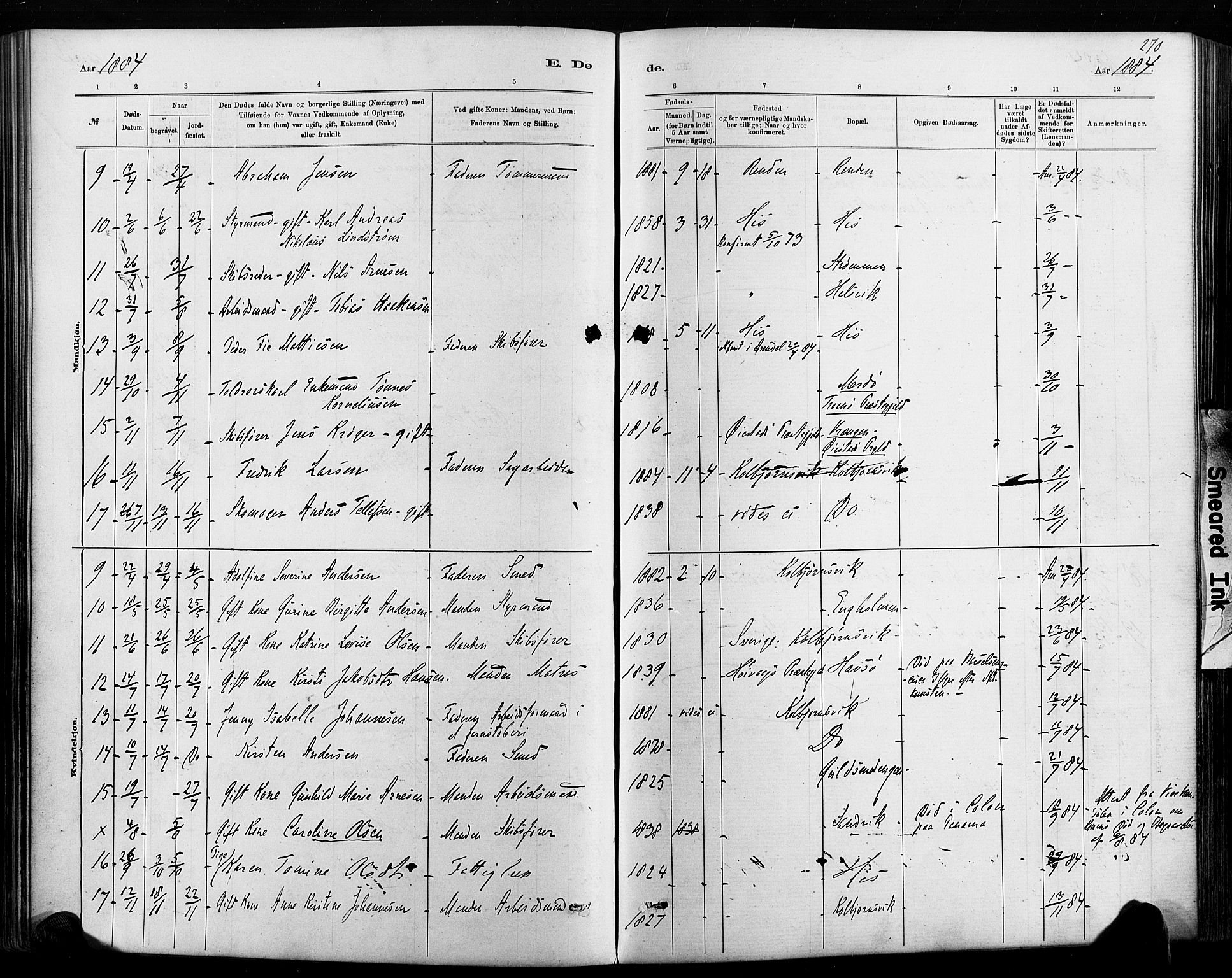 Hisøy sokneprestkontor, AV/SAK-1111-0020/F/Fa/L0003: Parish register (official) no. A 3, 1881-1894, p. 270