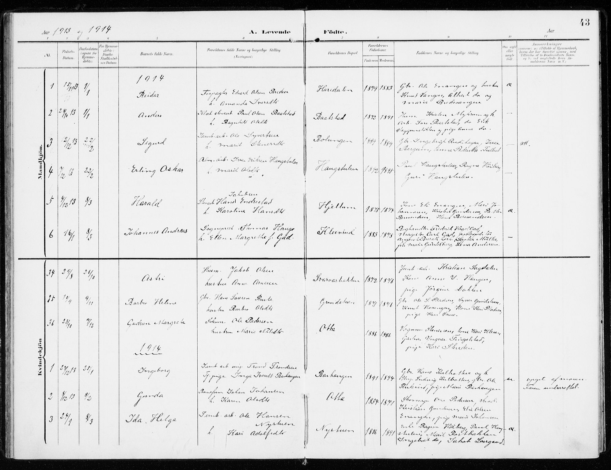 Sel prestekontor, SAH/PREST-074/H/Ha/Haa/L0002: Parish register (official) no. 2, 1905-1919, p. 43