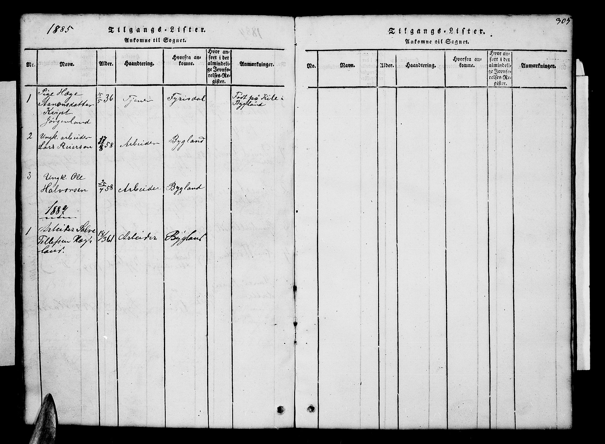 Åmli sokneprestkontor, AV/SAK-1111-0050/F/Fb/Fba/L0001: Parish register (copy) no. B 1, 1816-1890, p. 305