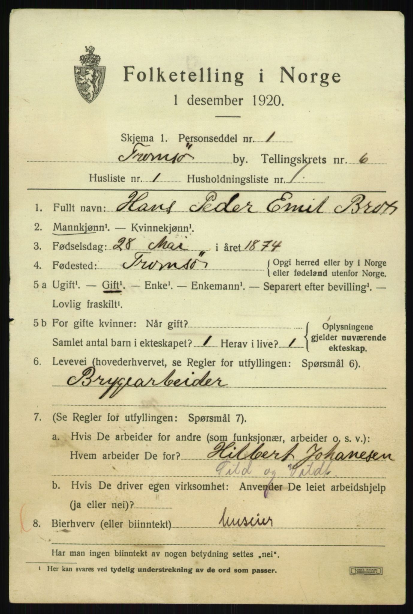 SATØ, 1920 census for Tromsø, 1920, p. 15074