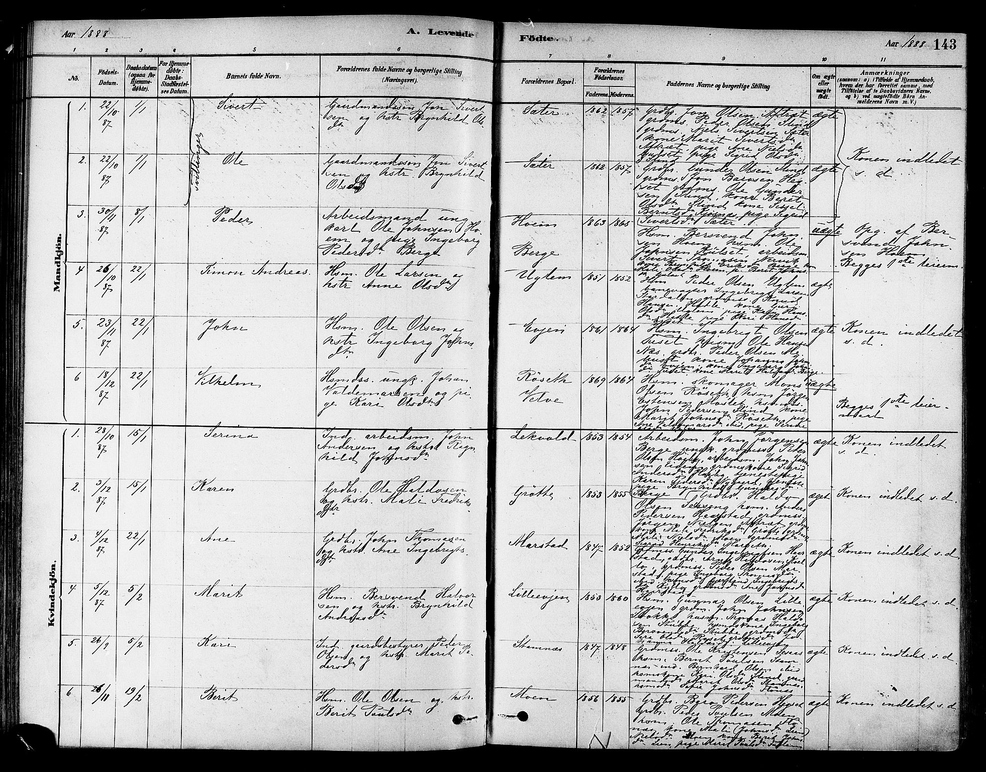 Ministerialprotokoller, klokkerbøker og fødselsregistre - Sør-Trøndelag, SAT/A-1456/695/L1148: Parish register (official) no. 695A08, 1878-1891, p. 143