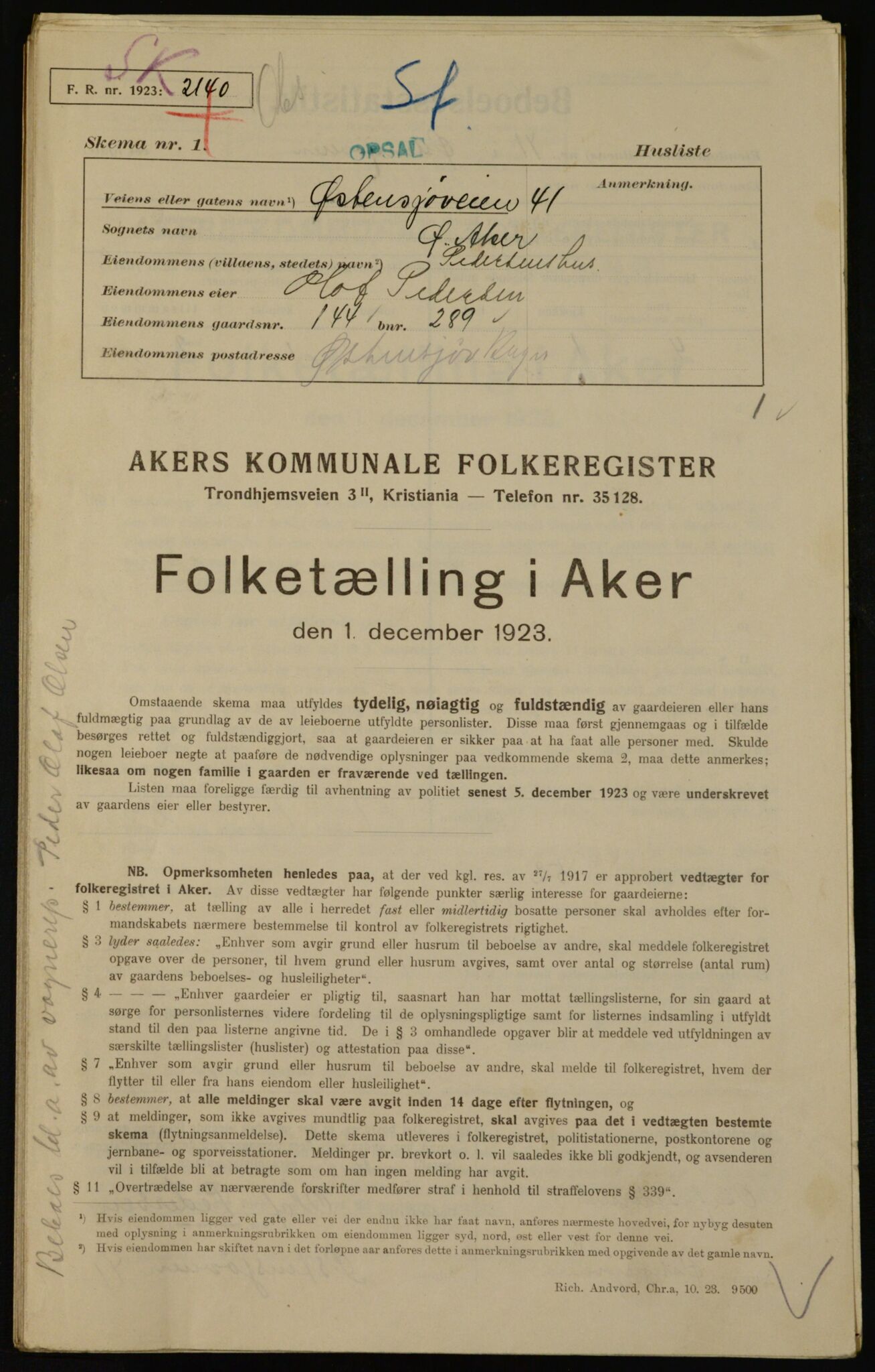 , Municipal Census 1923 for Aker, 1923, p. 36023