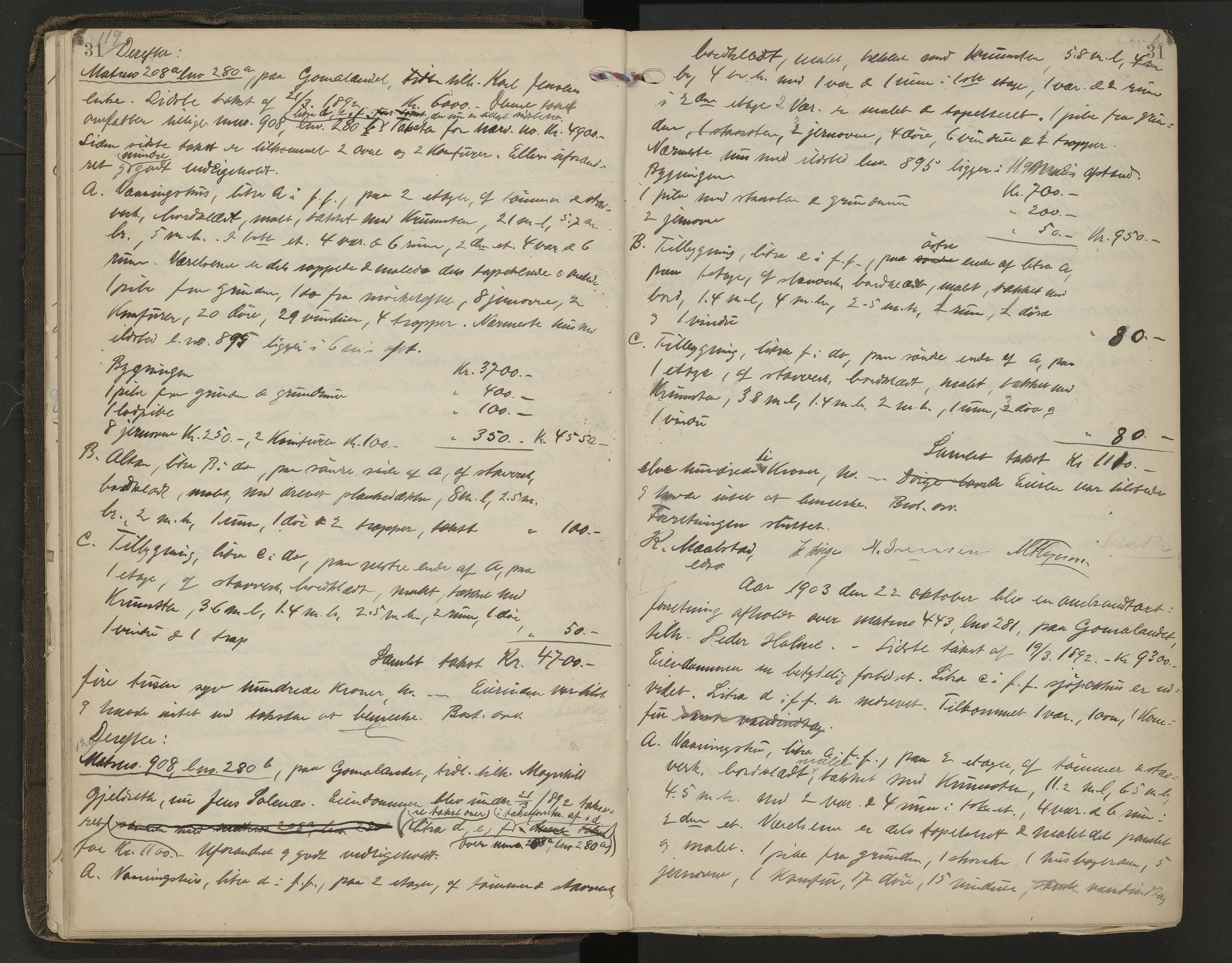 Norges Brannkasse Kristiansund, AV/SAT-A-4776/A/L0004: Branntakstprotokoll, 1903-1909, p. 31