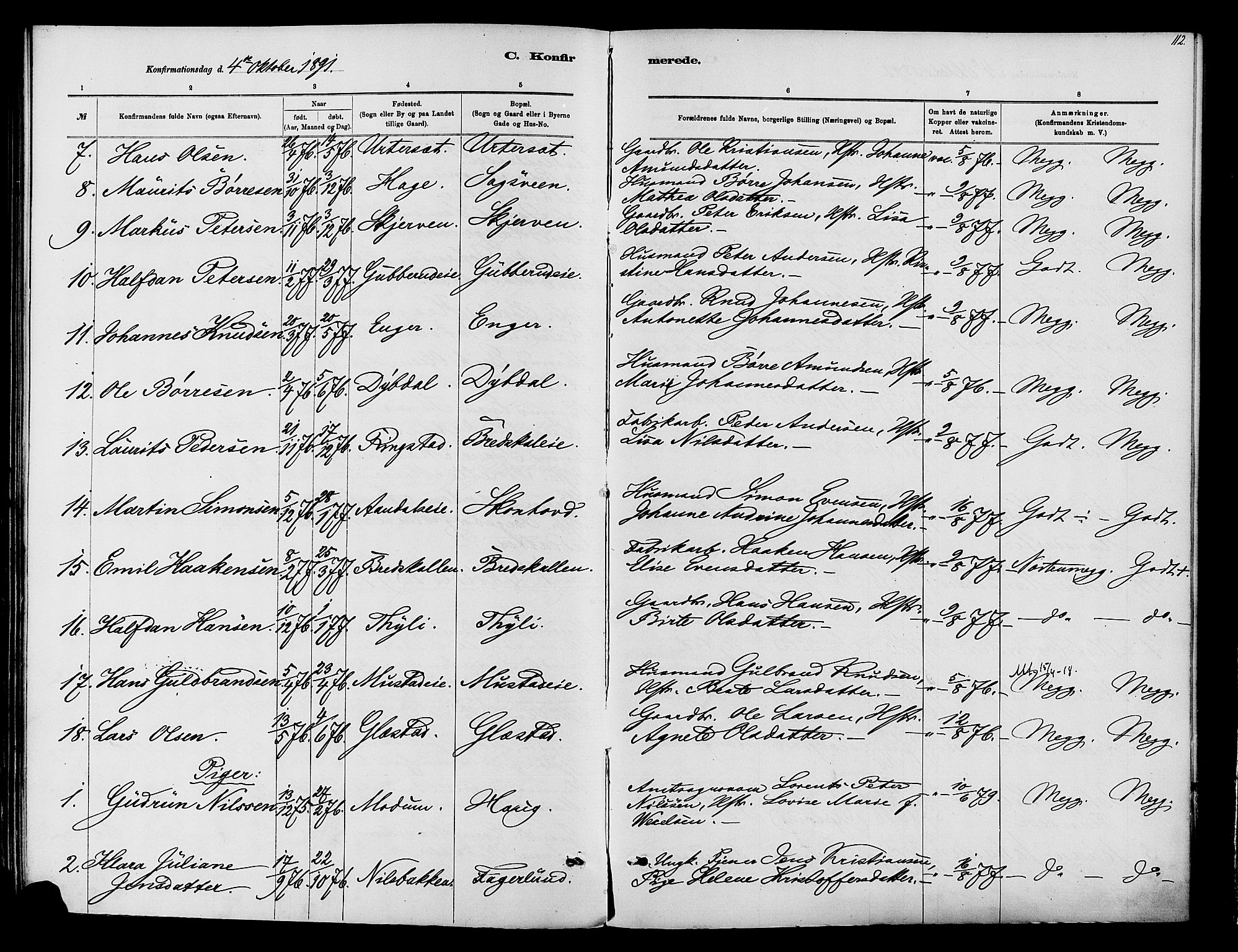 Vardal prestekontor, SAH/PREST-100/H/Ha/Haa/L0010: Parish register (official) no. 10, 1878-1893, p. 112