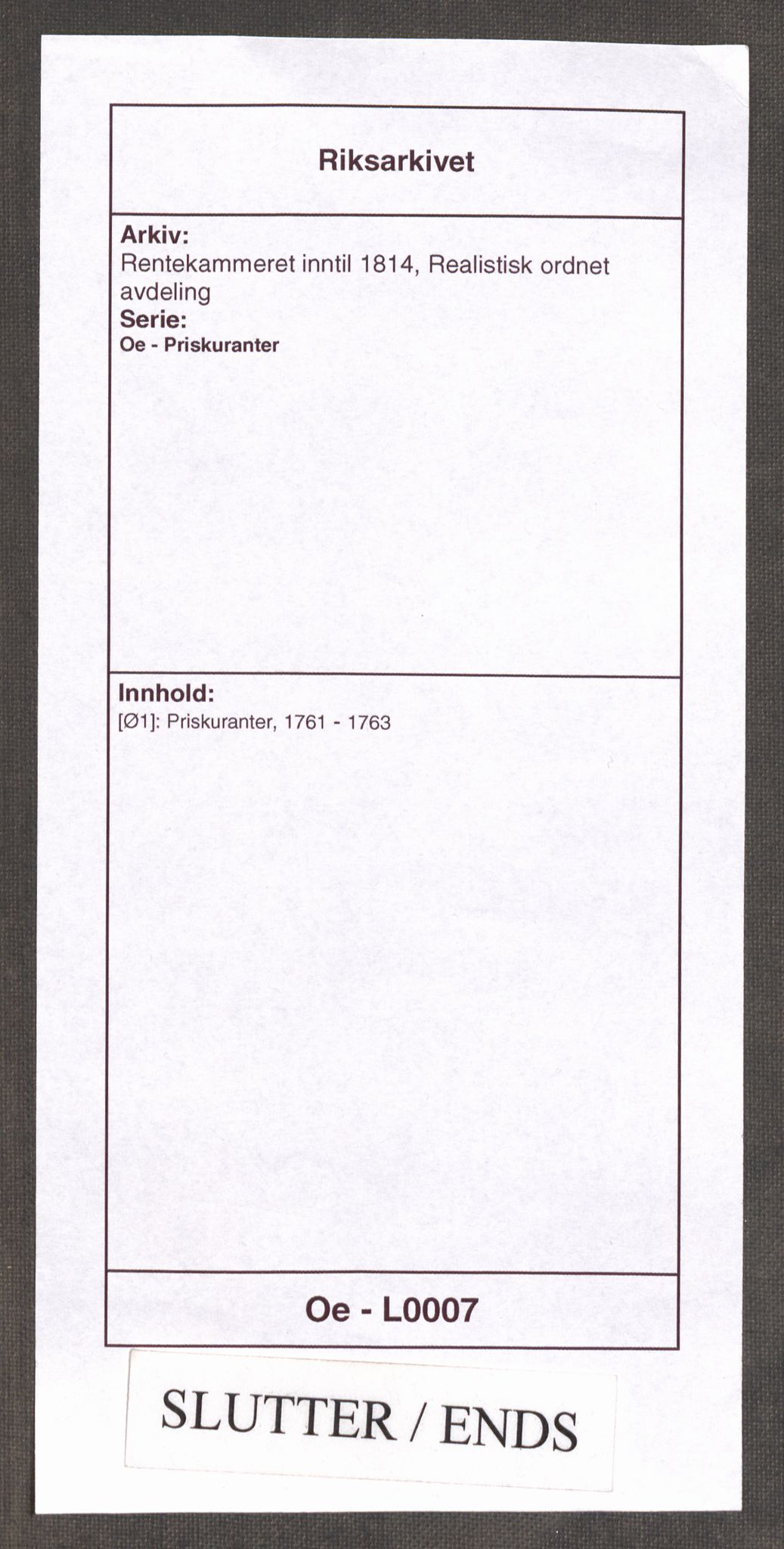 Rentekammeret inntil 1814, Realistisk ordnet avdeling, AV/RA-EA-4070/Oe/L0007: [Ø1]: Priskuranter, 1761-1763, p. 759