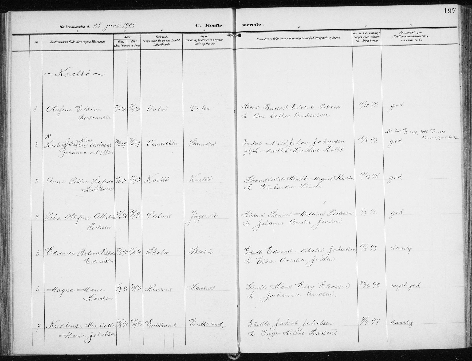 Karlsøy sokneprestembete, SATØ/S-1299/H/Ha/Haa/L0014kirke: Parish register (official) no. 14, 1903-1917, p. 197