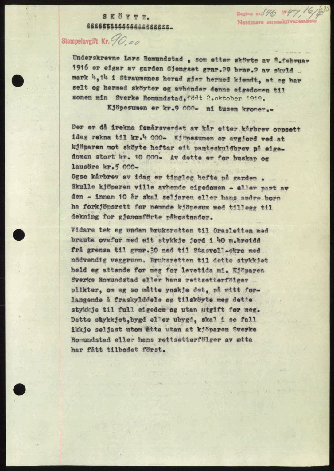 Nordmøre sorenskriveri, AV/SAT-A-4132/1/2/2Ca: Mortgage book no. A104, 1947-1947, Diary no: : 846/1947