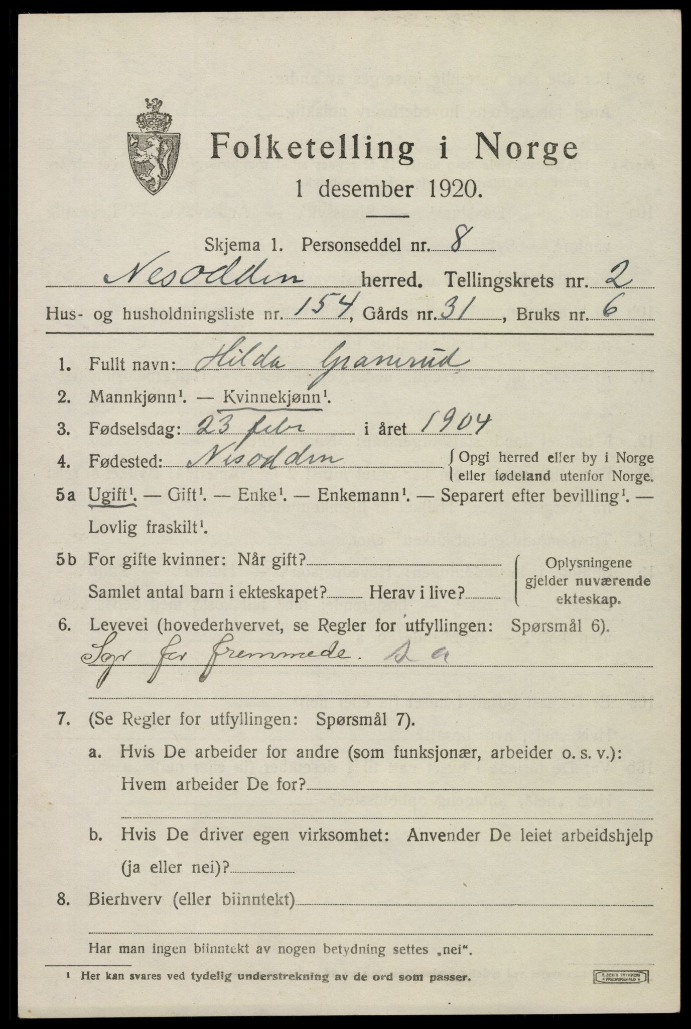 SAO, 1920 census for Nesodden, 1920, p. 3133