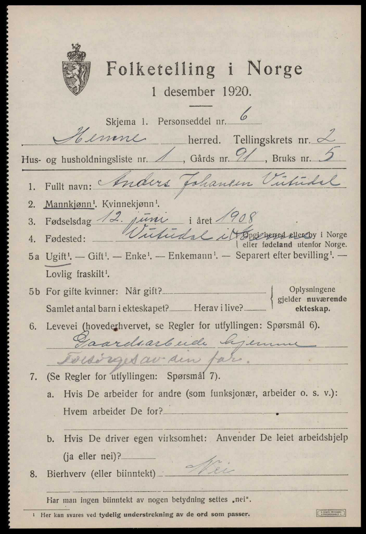 SAT, 1920 census for Hemne, 1920, p. 1816