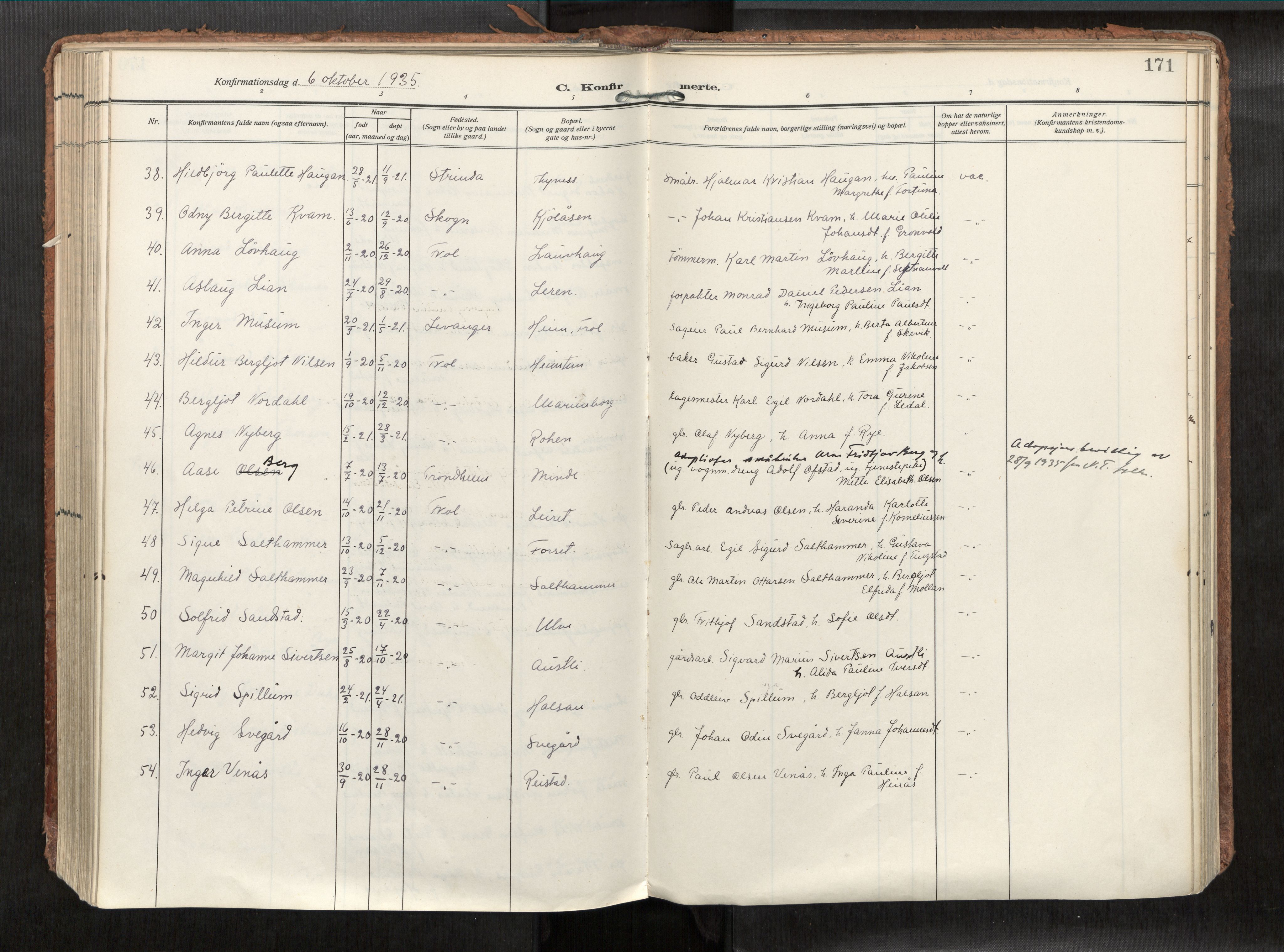 Levanger sokneprestkontor, SAT/A-1301/2/H/Haa/L0002: Parish register (official) no. 2, 1912-1935, p. 171