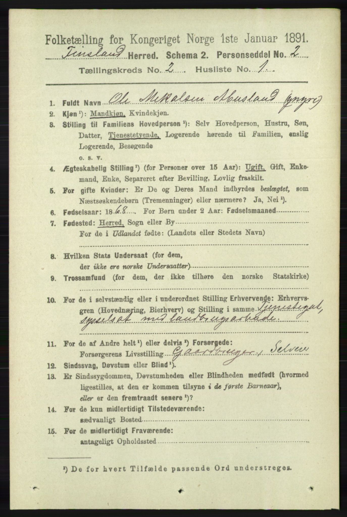 RA, 1891 census for 1023 Finsland, 1891, p. 436