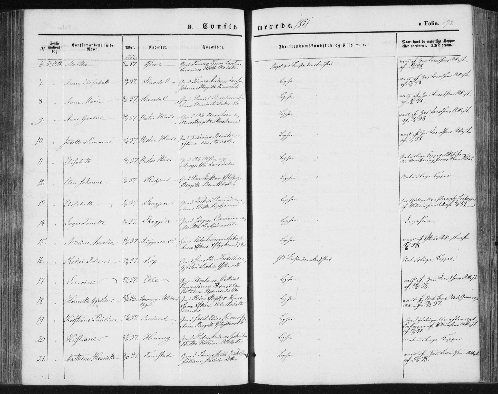 Lista sokneprestkontor, AV/SAK-1111-0027/F/Fa/L0010: Parish register (official) no. A 10, 1846-1861, p. 194