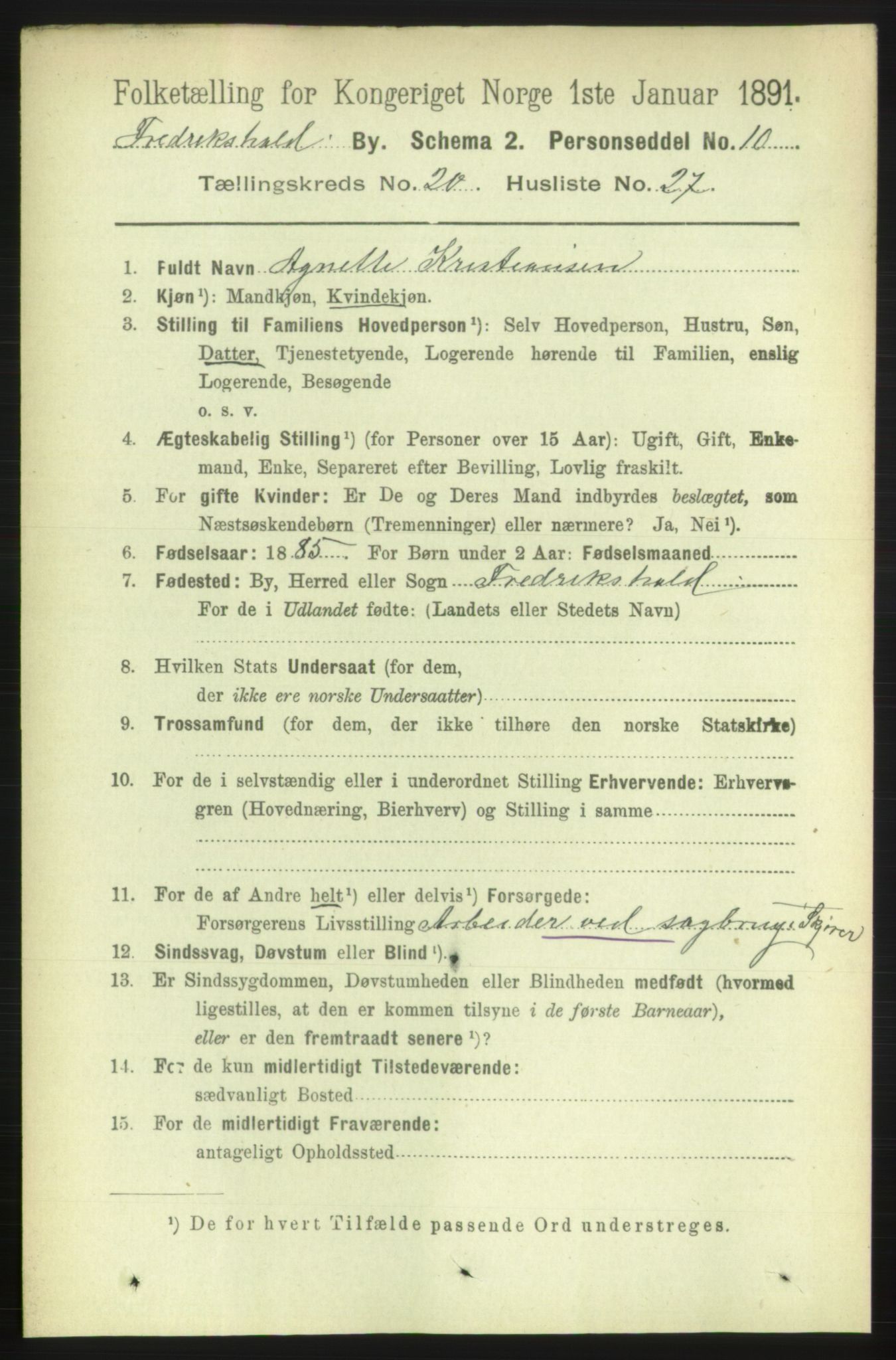 RA, 1891 census for 0101 Fredrikshald, 1891, p. 12721