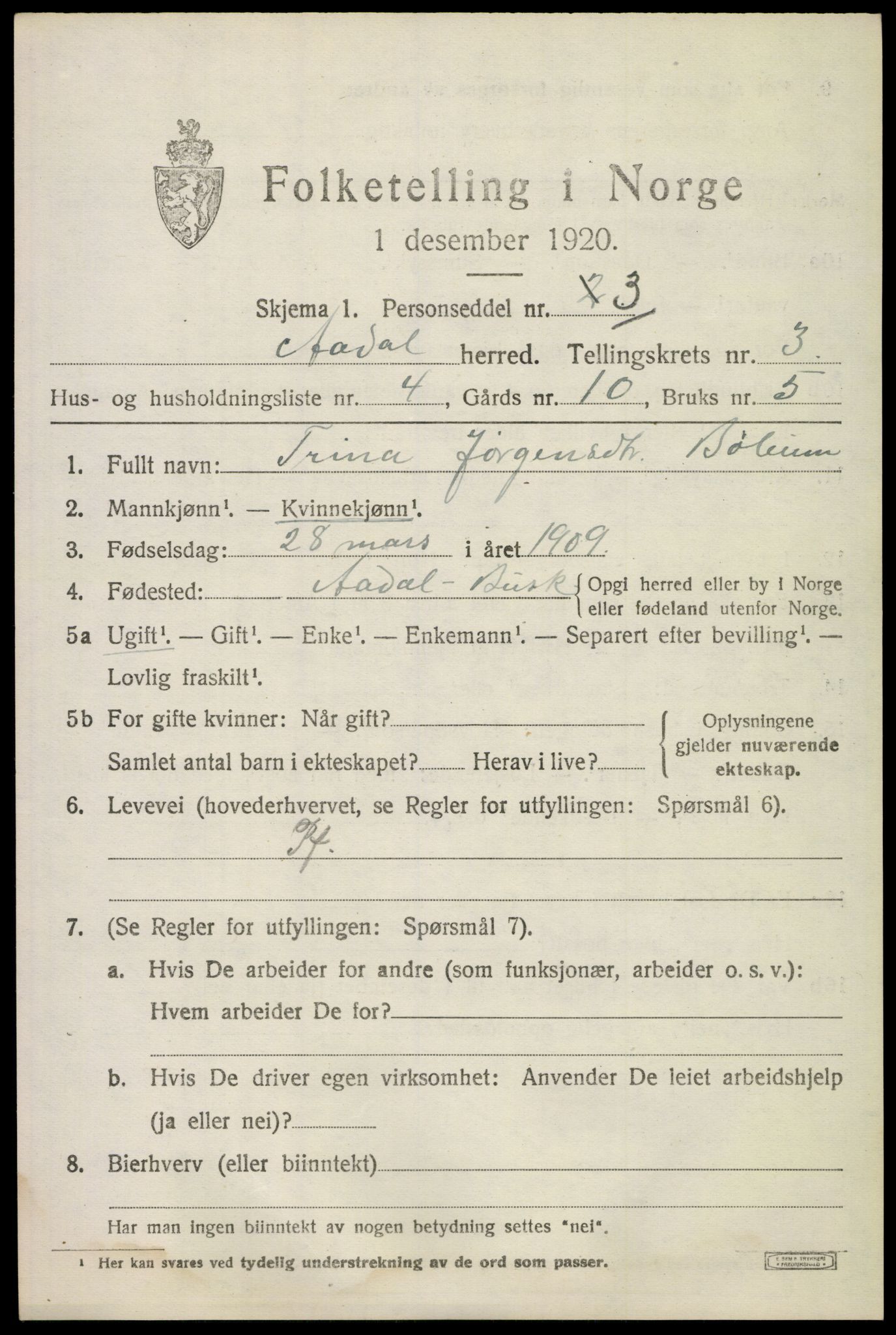 SAKO, 1920 census for Ådal, 1920, p. 3000