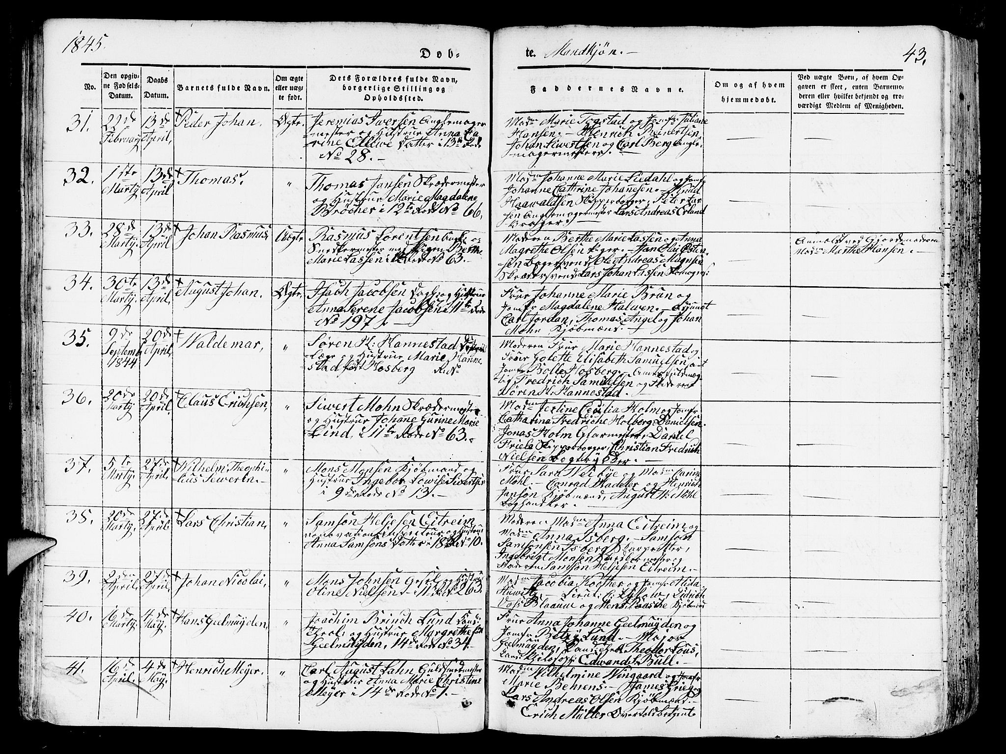 Domkirken sokneprestembete, SAB/A-74801/H/Hab/L0009: Parish register (copy) no. B 2, 1842-1849, p. 43