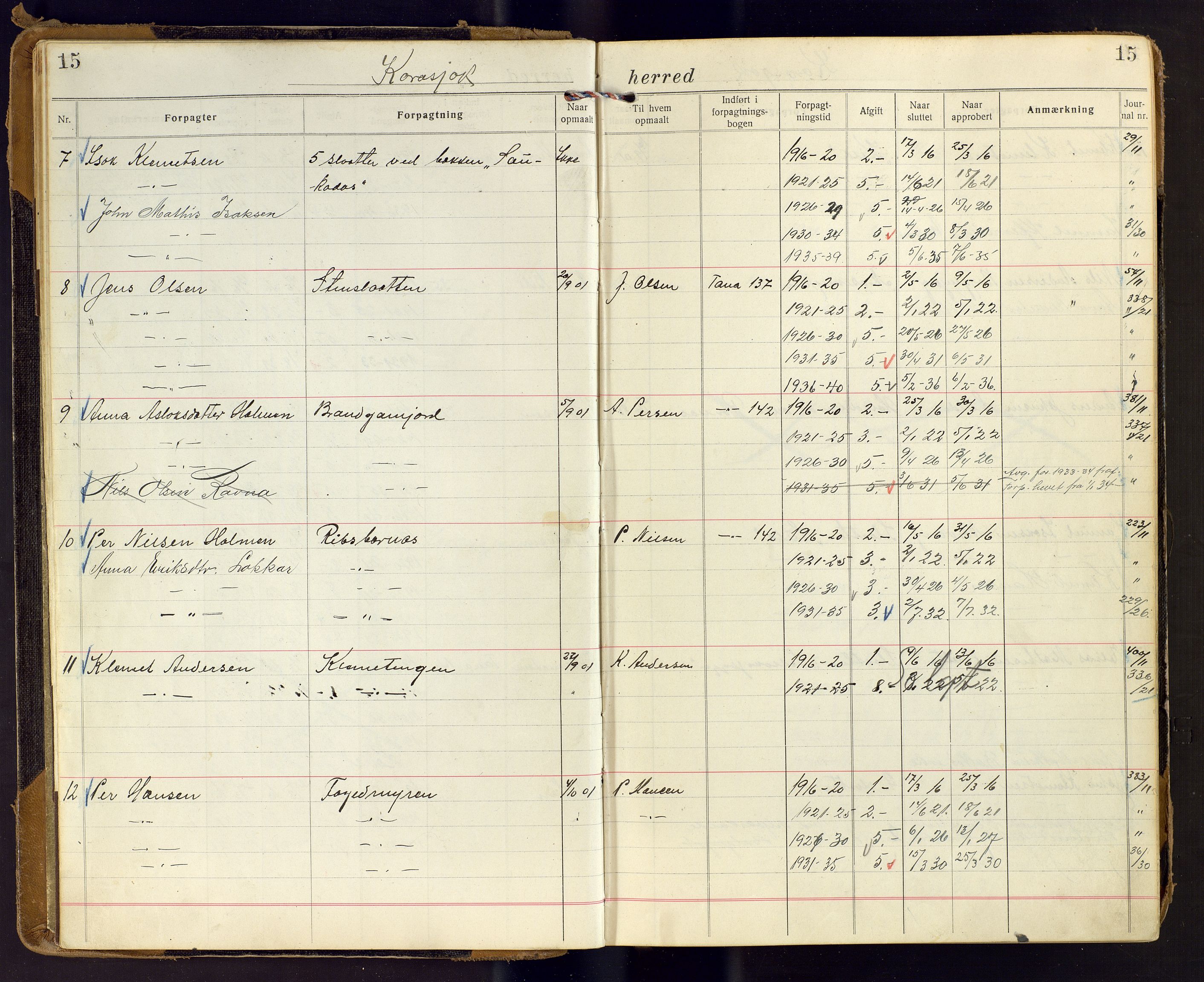 Finnmark jordsalgskommisjon/jordsalgskontor og Statskog SF Finnmark jordsalgskontor, AV/SATØ-S-1443/J/Ja/L0006: Forpaktningsbok for Finnmark II, 1916-1947, p. 15