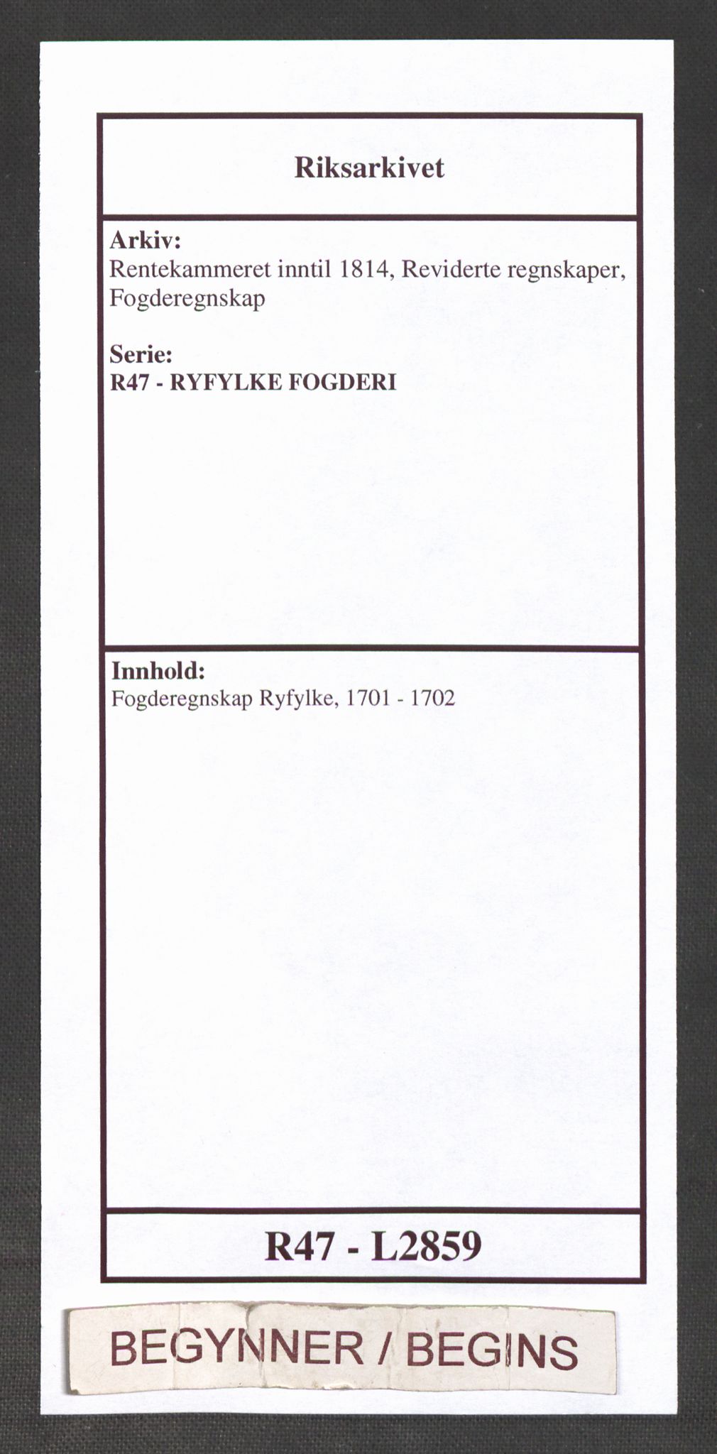 Rentekammeret inntil 1814, Reviderte regnskaper, Fogderegnskap, AV/RA-EA-4092/R47/L2859: Fogderegnskap Ryfylke, 1701-1702, p. 1