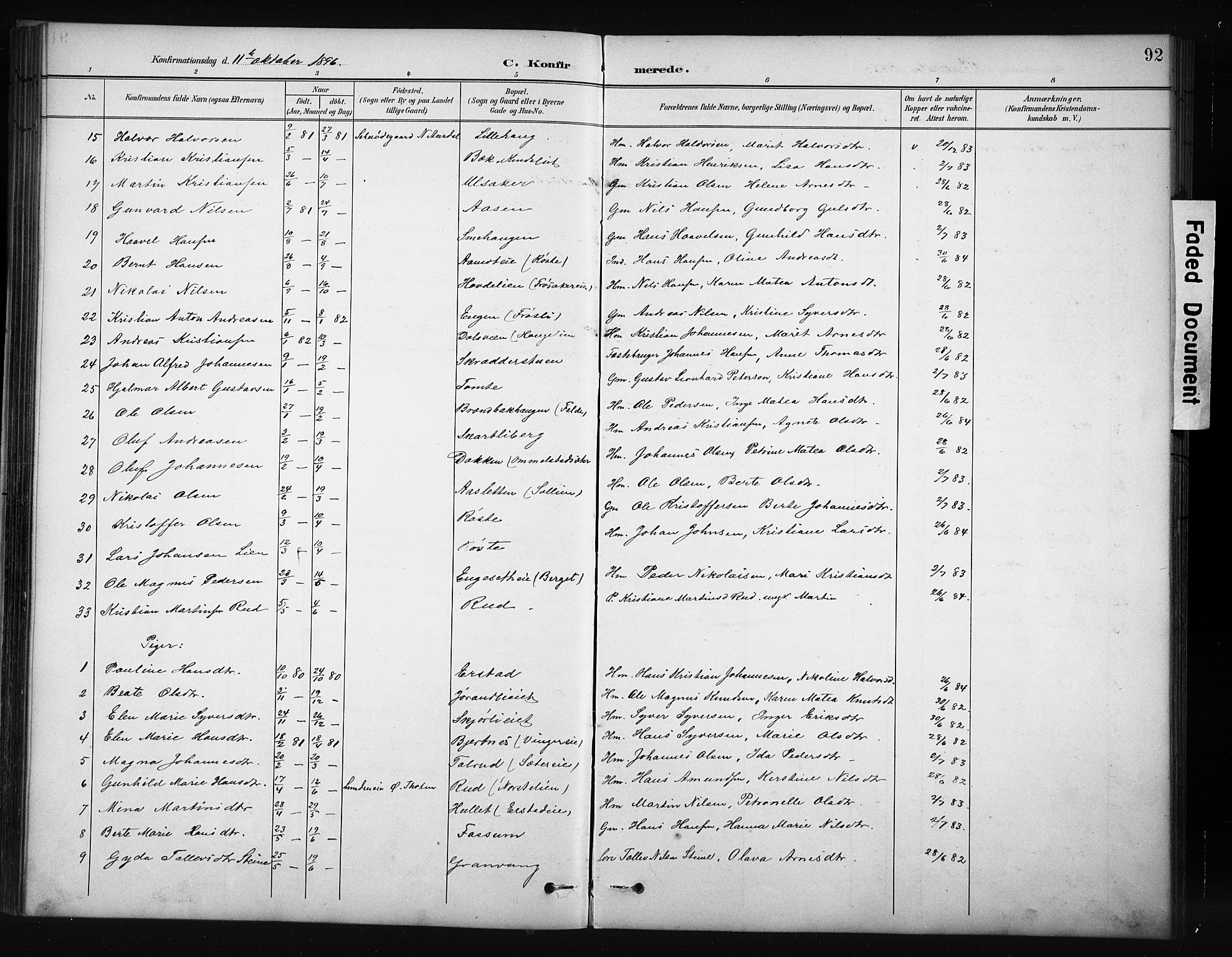 Nordre Land prestekontor, SAH/PREST-124/H/Ha/Hab/L0012: Parish register (copy) no. 12, 1891-1909, p. 92