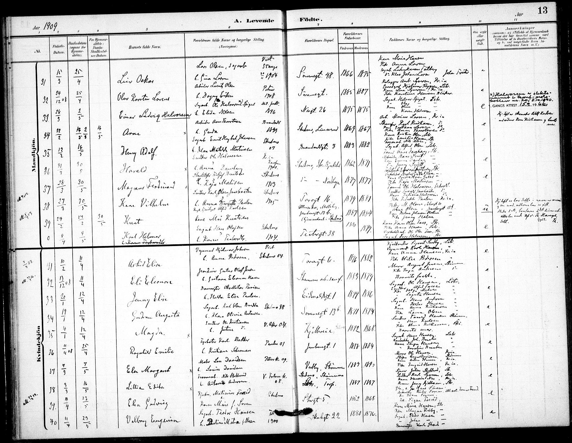Skedsmo prestekontor Kirkebøker, AV/SAO-A-10033a/F/Fc/L0001: Parish register (official) no. III 1, 1908-1916, p. 13