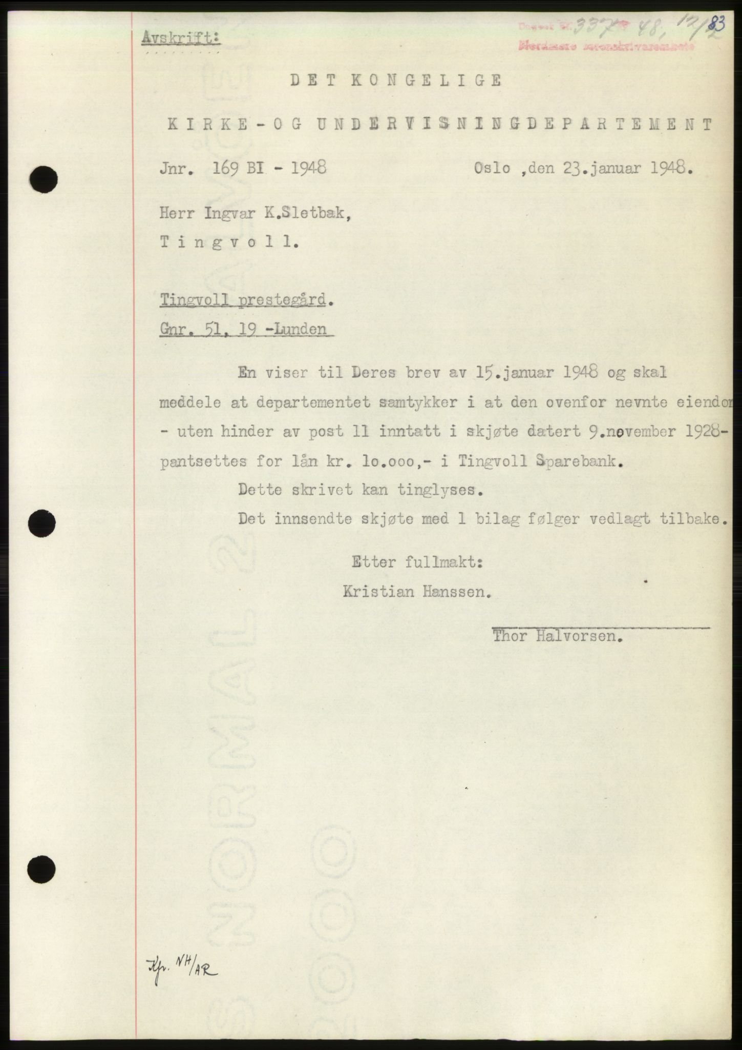 Nordmøre sorenskriveri, AV/SAT-A-4132/1/2/2Ca: Mortgage book no. B98, 1948-1948, Diary no: : 337/1948