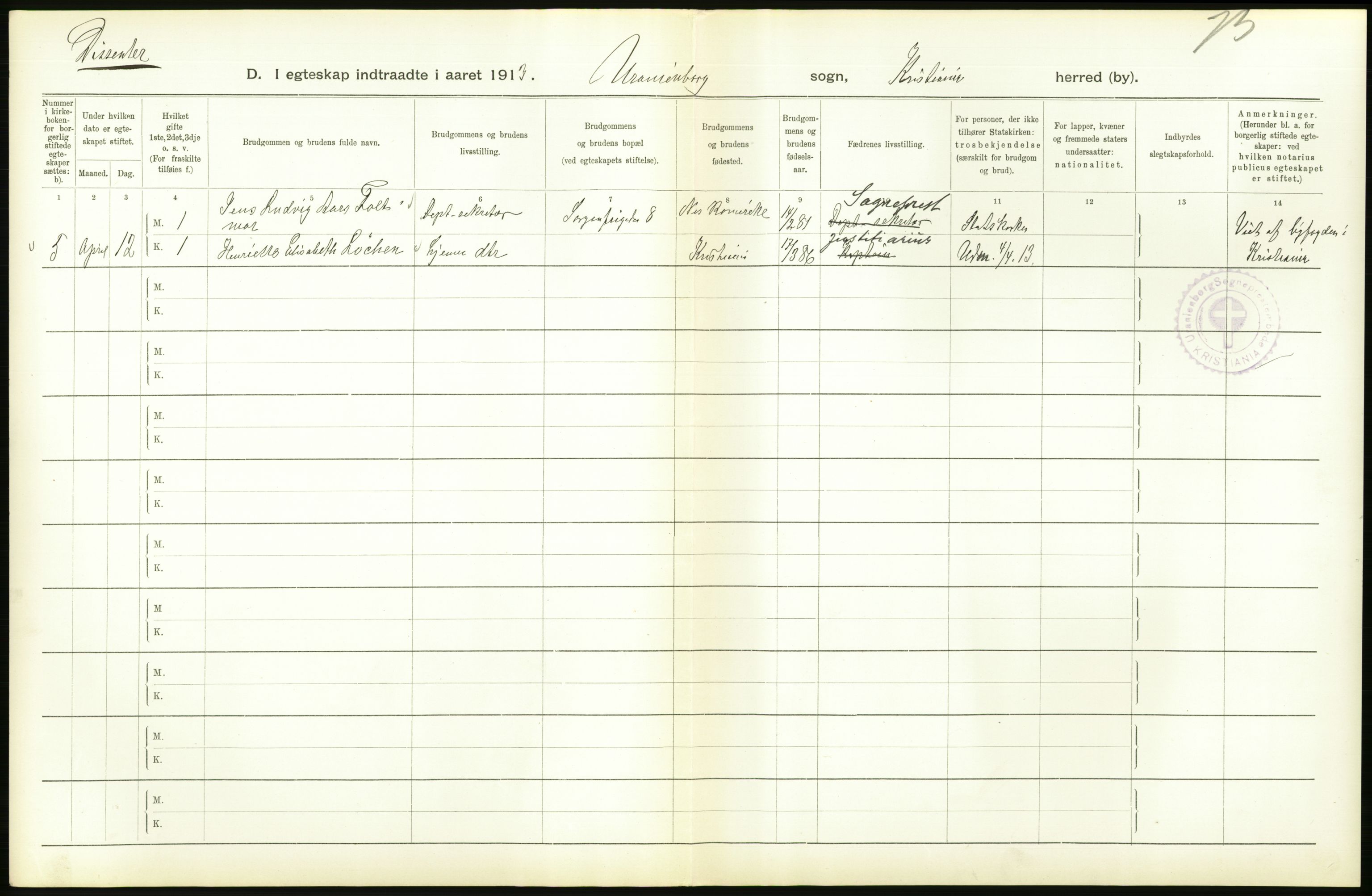 Statistisk sentralbyrå, Sosiodemografiske emner, Befolkning, AV/RA-S-2228/D/Df/Dfb/Dfbc/L0008: Kristiania: Gifte., 1913, p. 592