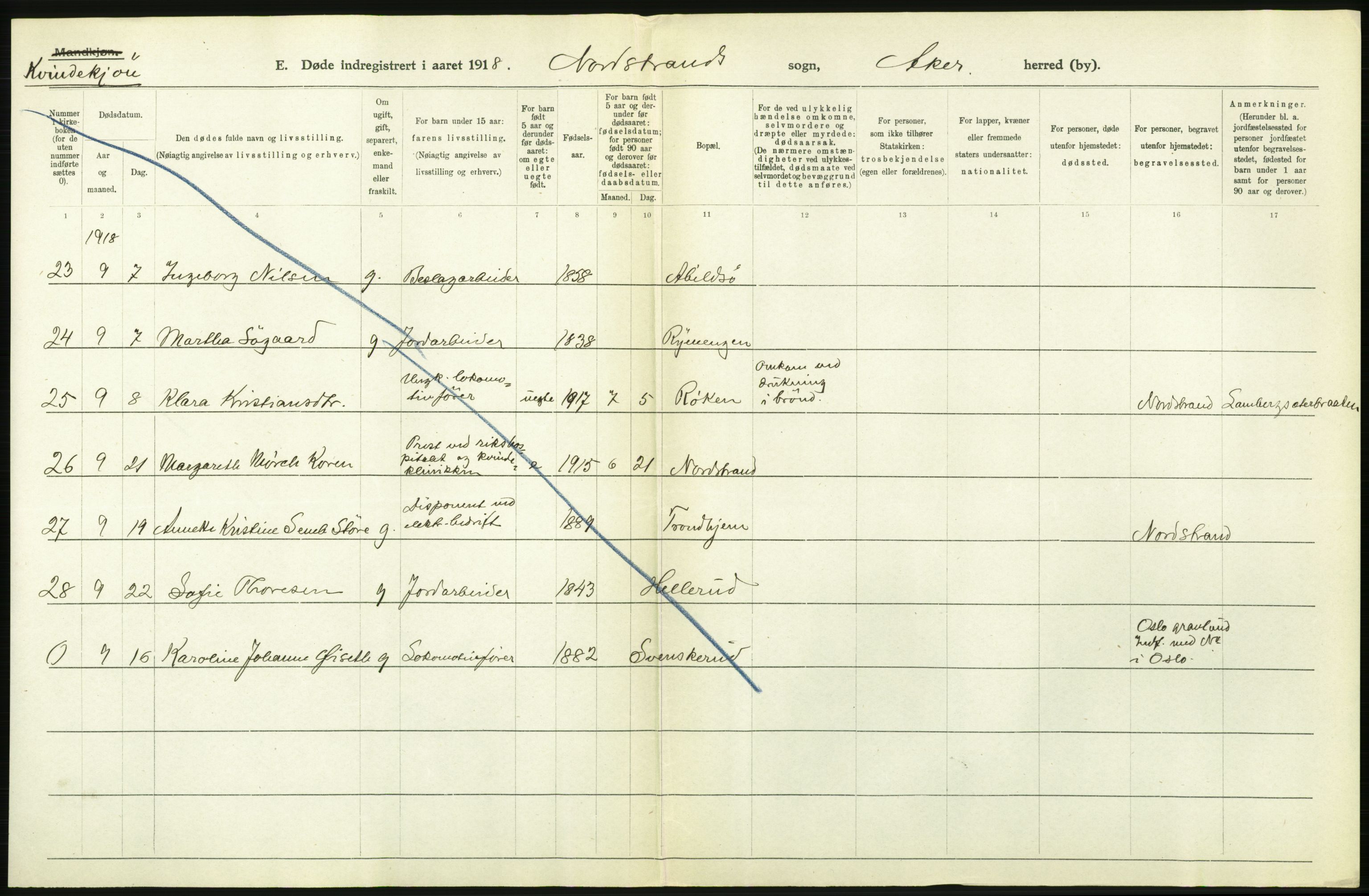 Statistisk sentralbyrå, Sosiodemografiske emner, Befolkning, AV/RA-S-2228/D/Df/Dfb/Dfbh/L0006: Akershus fylke: Døde. Bygder og byer., 1918, p. 414