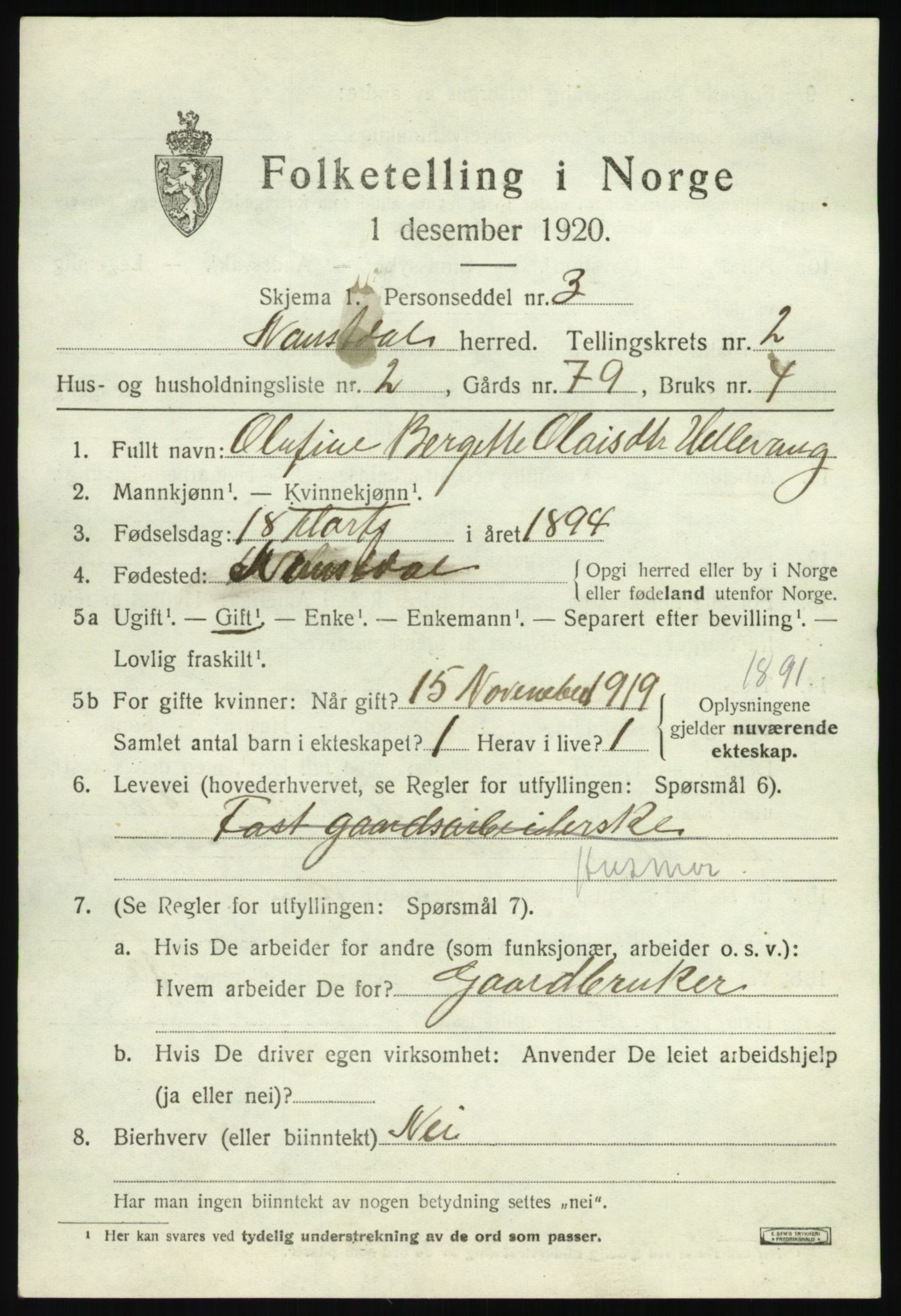 SAB, 1920 census for Naustdal, 1920, p. 1279