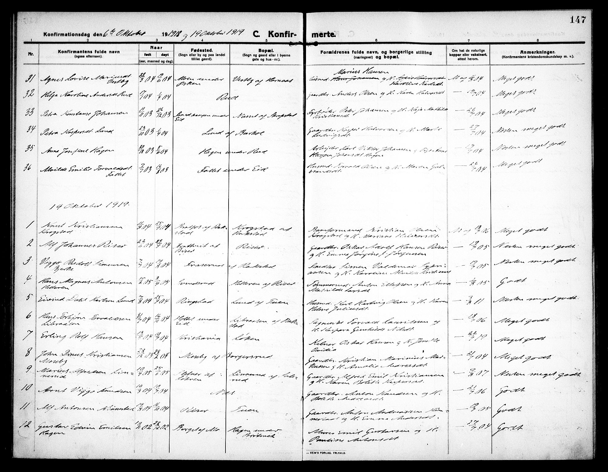 Høland prestekontor Kirkebøker, SAO/A-10346a/F/Fa/L0016: Parish register (official) no. I 16, 1912-1921, p. 147