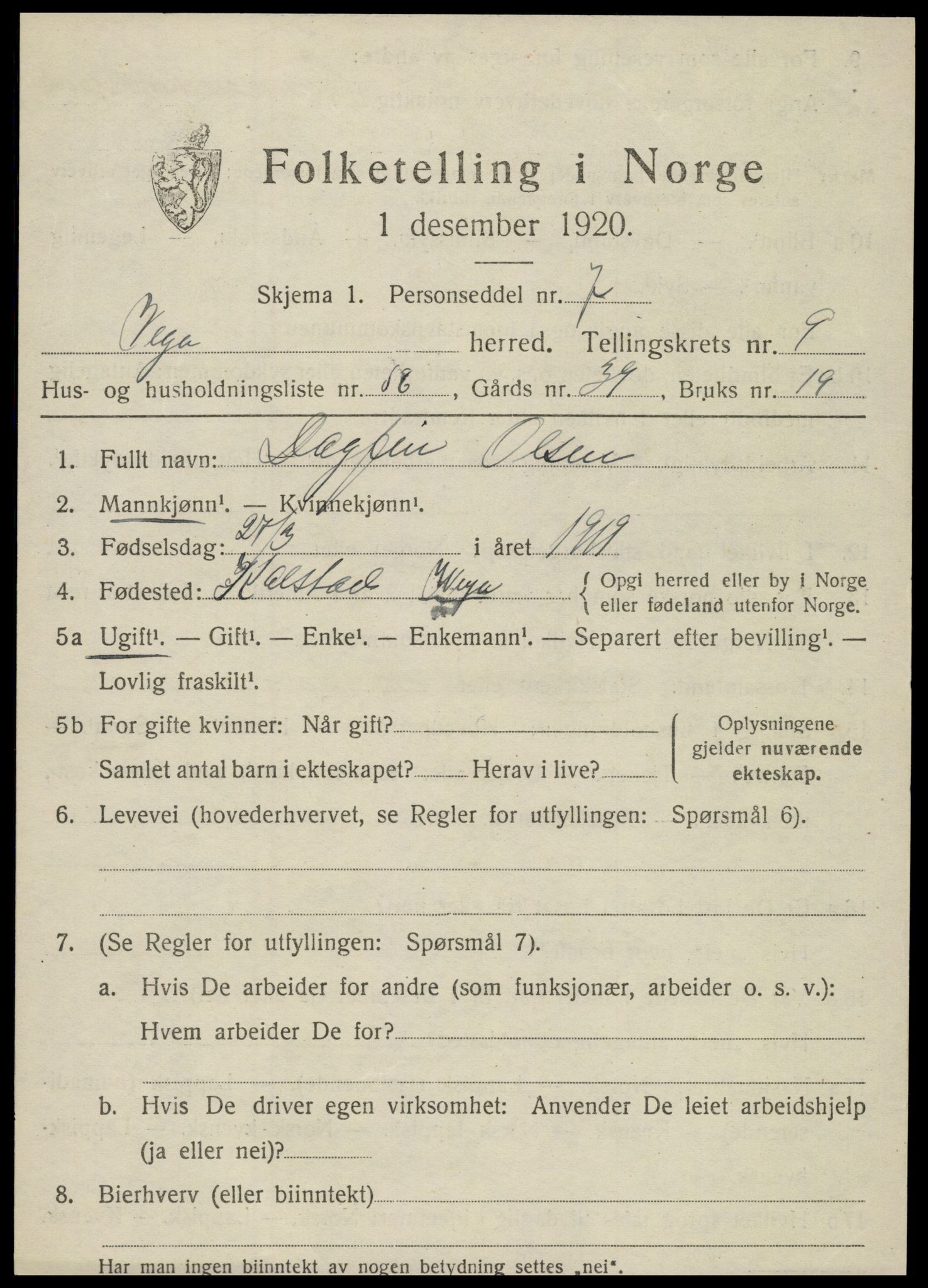 SAT, 1920 census for Vega, 1920, p. 5083