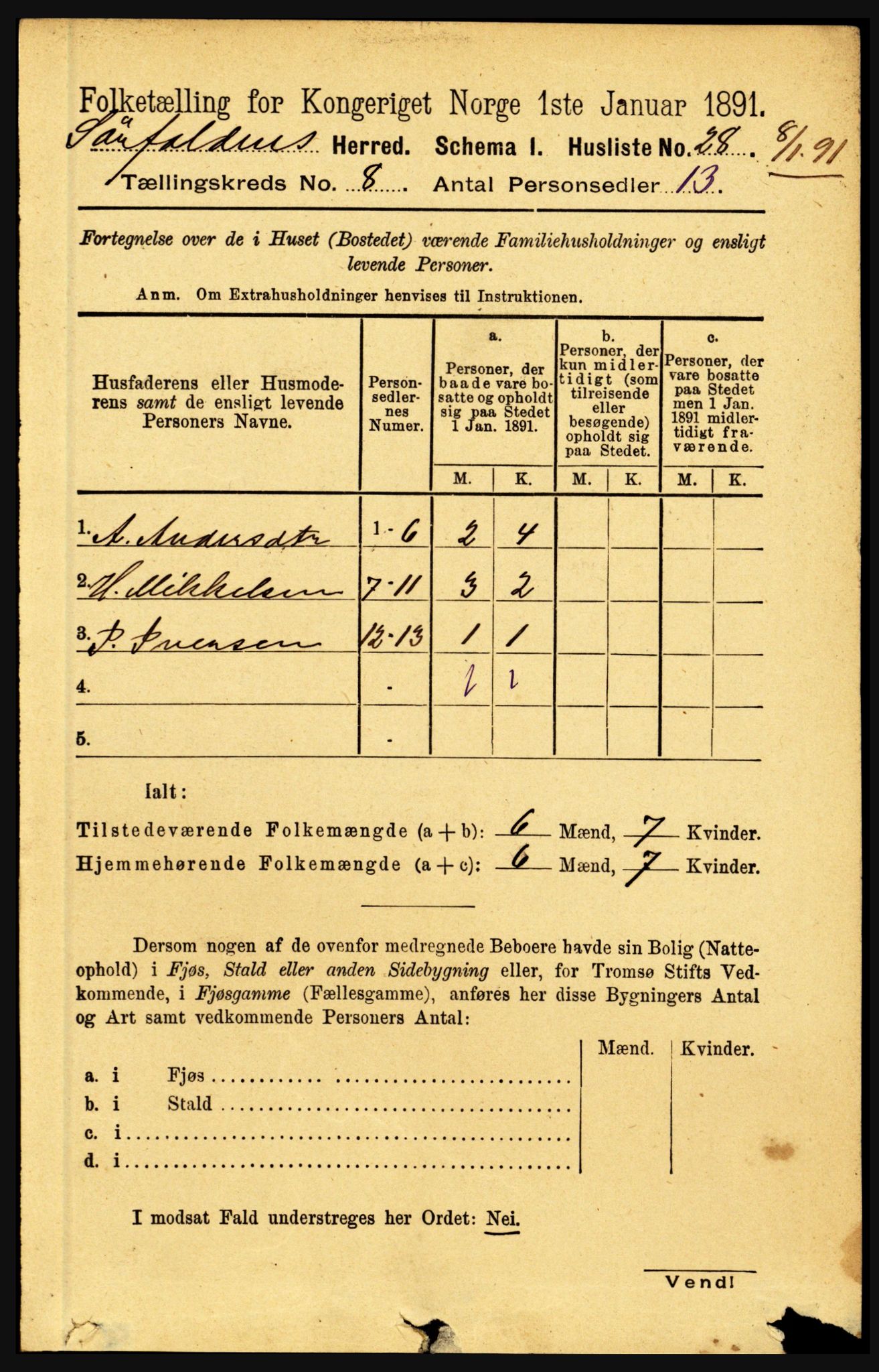 RA, 1891 census for 1845 Sørfold, 1891, p. 2550