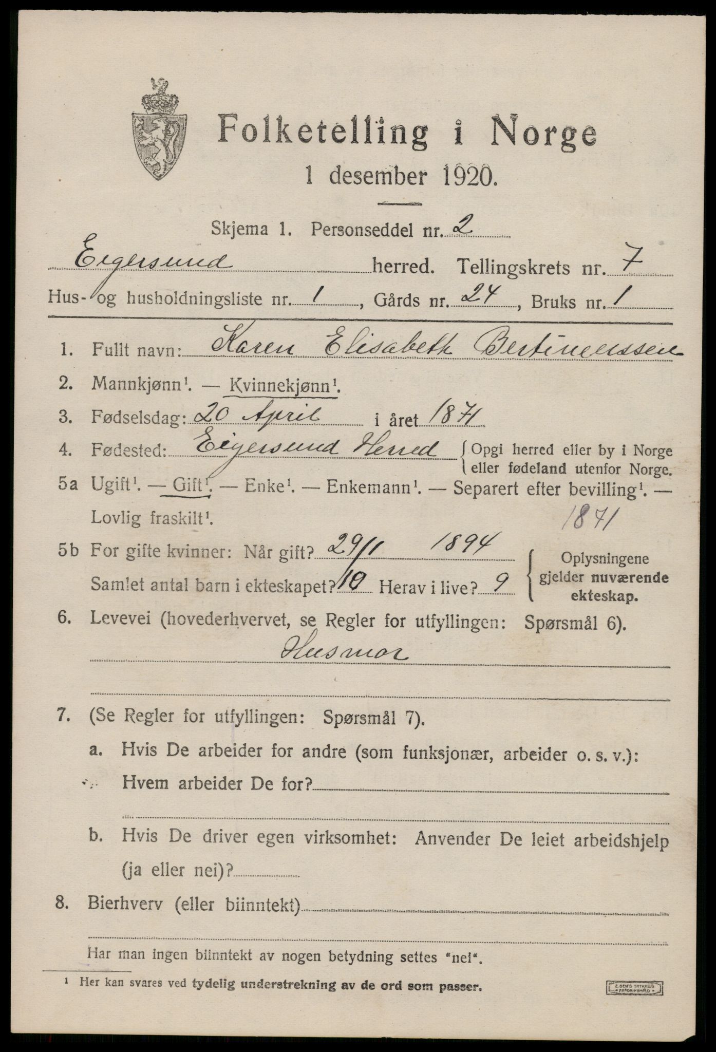 SAST, 1920 census for Eigersund, 1920, p. 4619