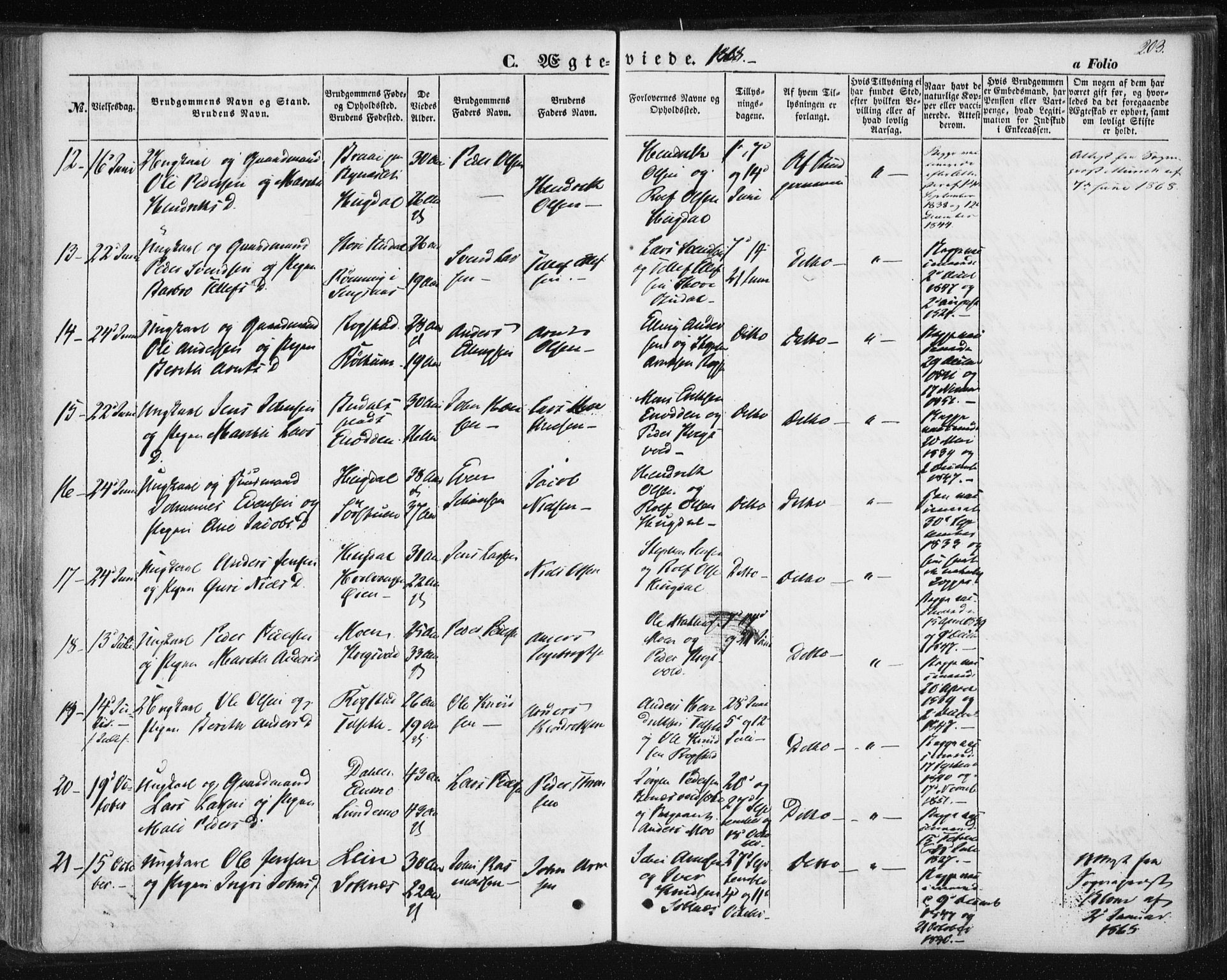 Ministerialprotokoller, klokkerbøker og fødselsregistre - Sør-Trøndelag, SAT/A-1456/687/L1000: Parish register (official) no. 687A06, 1848-1869, p. 203