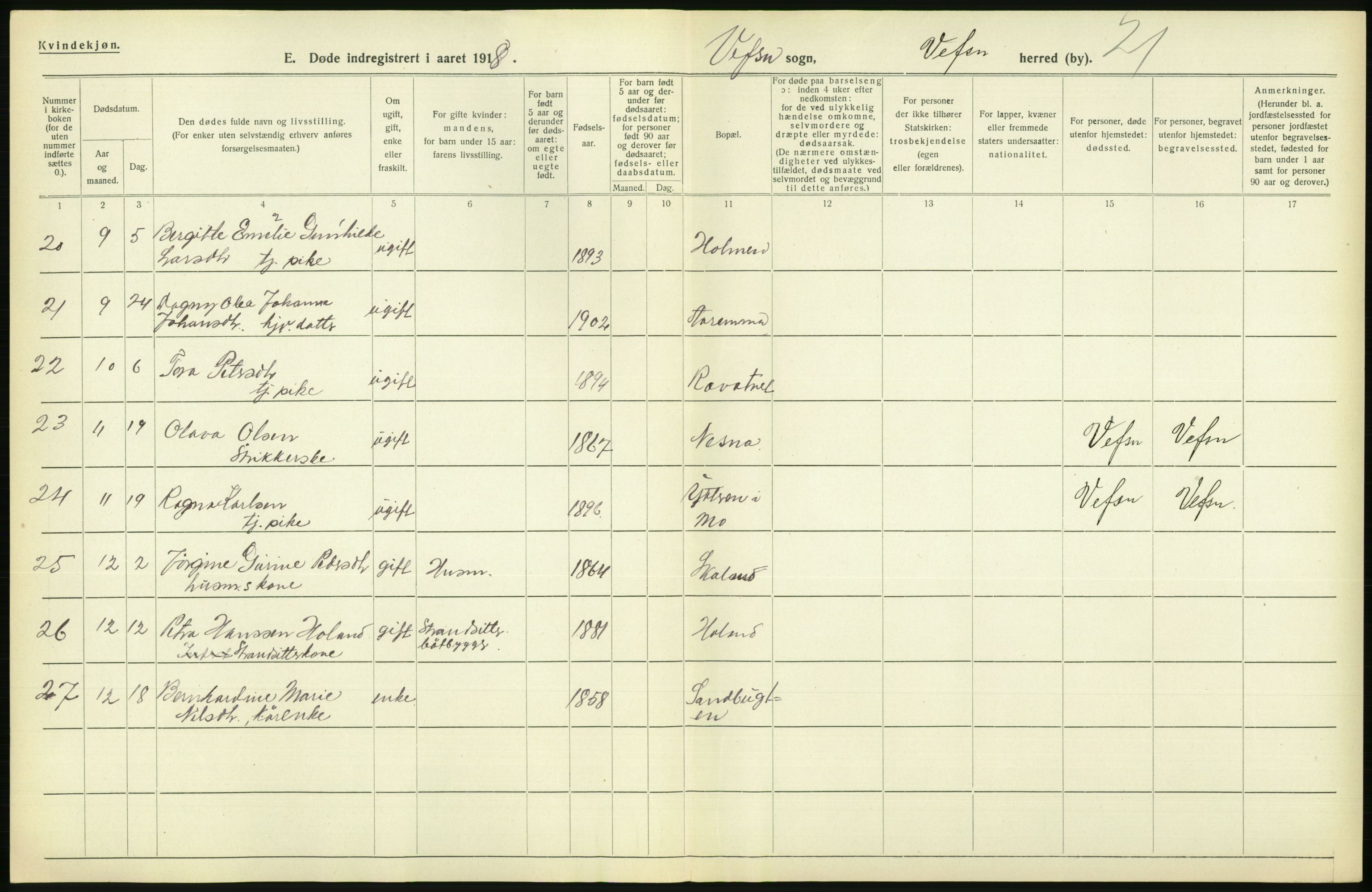 Statistisk sentralbyrå, Sosiodemografiske emner, Befolkning, RA/S-2228/D/Df/Dfb/Dfbh/L0055: Nordland fylke: Døde. Bygder og byer., 1918, p. 212