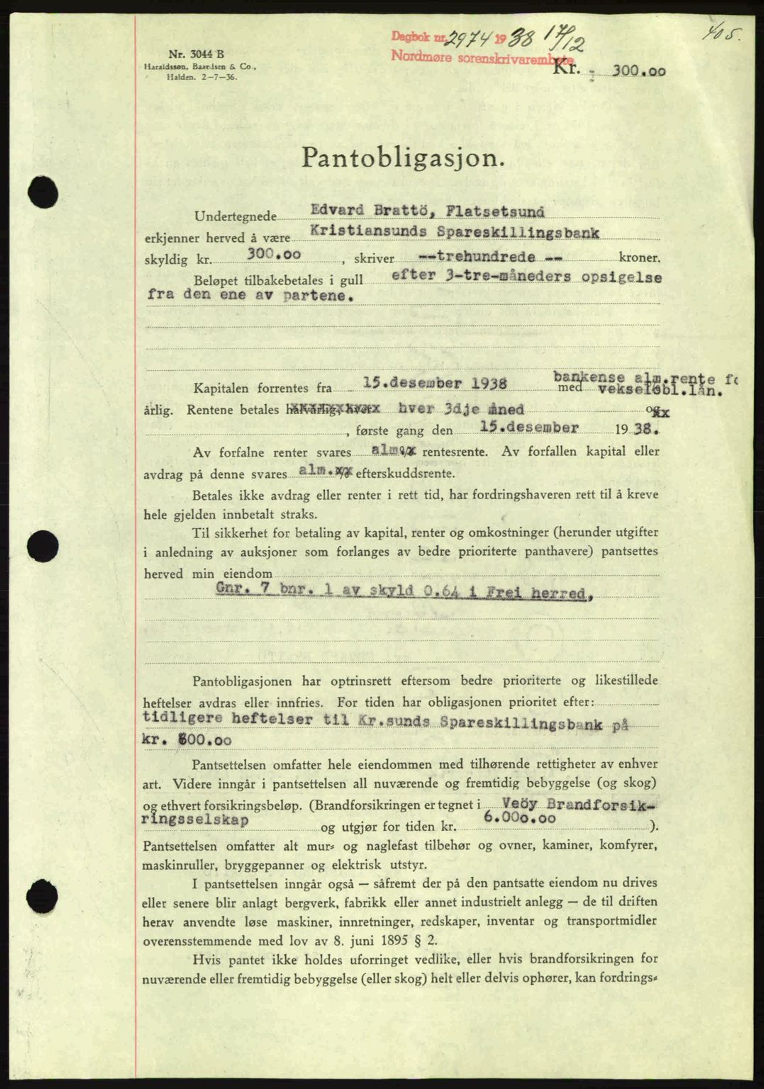 Nordmøre sorenskriveri, SAT/A-4132/1/2/2Ca: Mortgage book no. B84, 1938-1939, Diary no: : 2974/1938